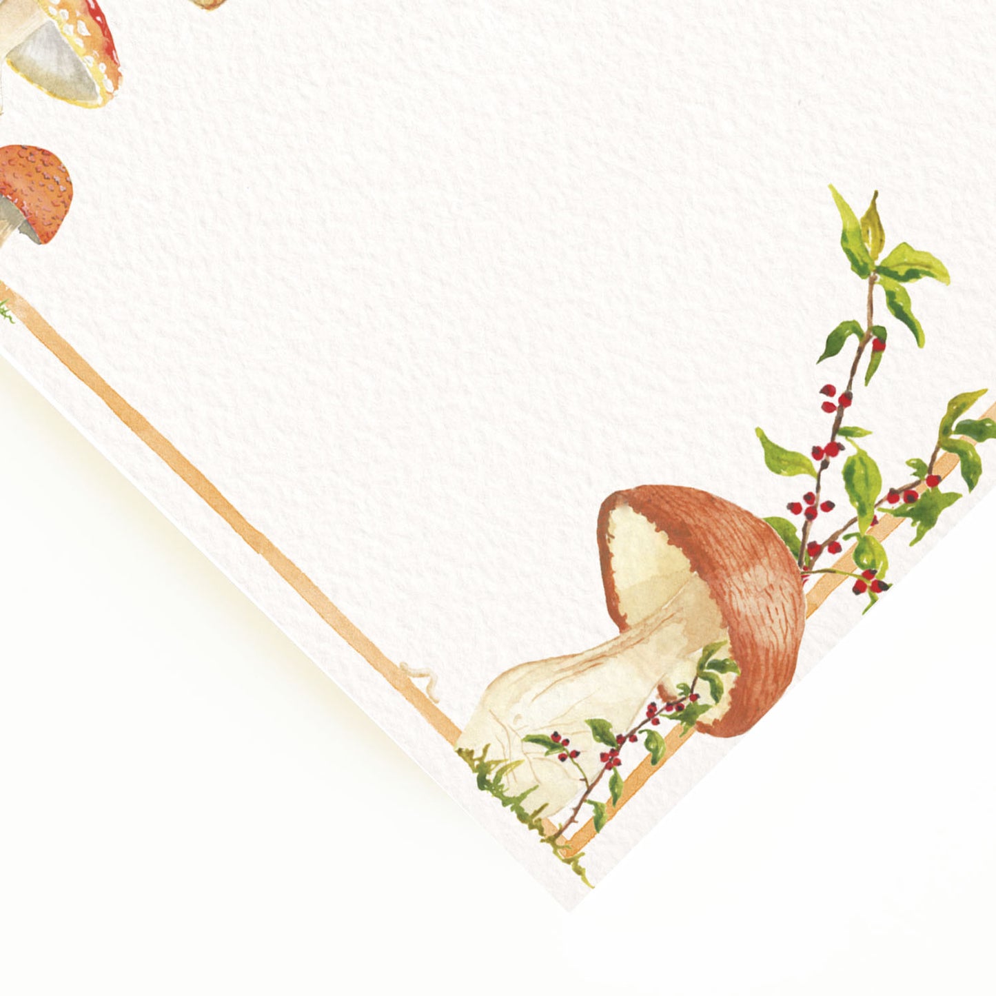 Close-up of the corner of our autumn party menu, showcasing the menu's orange border and hand-painted watercolour designs.