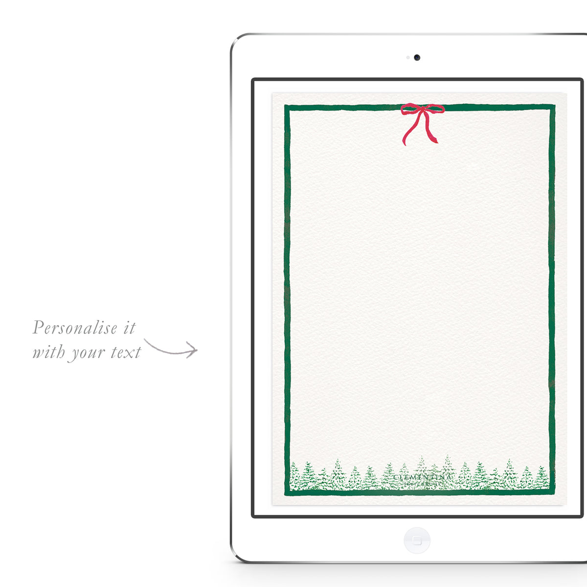 Blank Green Pines digital invitation template from Clementina Sketchbook with hand-painted pine tree border and red ribbon, ready for personalised holiday party text.