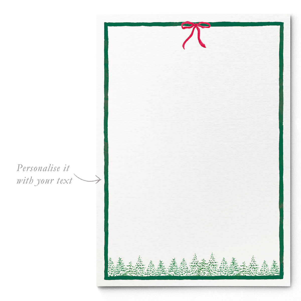 Blank Green Pines printed invitation template from Clementina Sketchbook with hand-painted pine tree border and red ribbon, ready for personalised holiday party text.