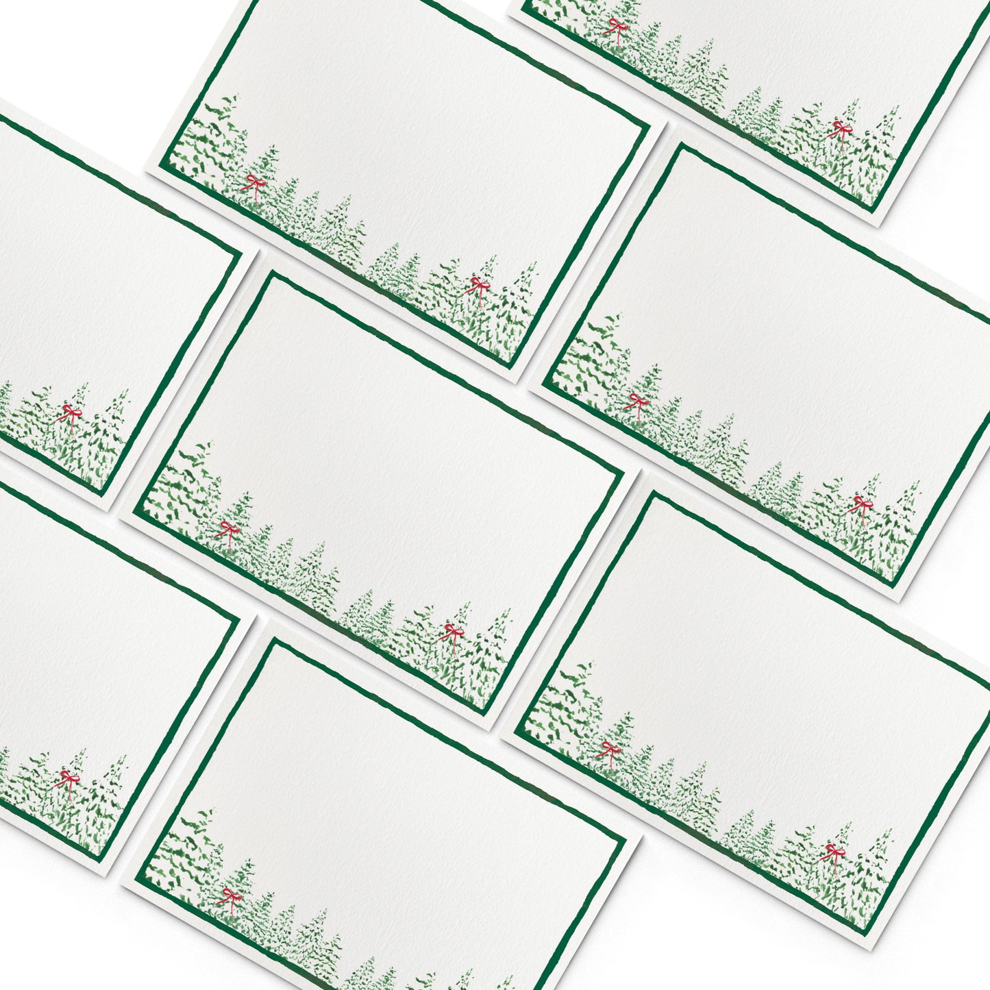 Image of numerous Clementina Sketchbook green pines mini personal stationery cards, organised into a pyramid shape.