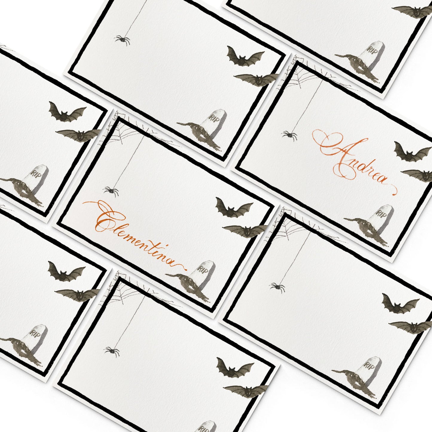 Image of multiple Clementina Sketchbook Halloween printed place cards, featuring bat and spider hand-painted designs.