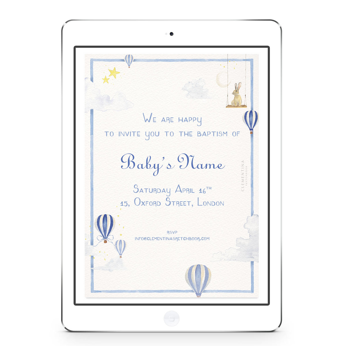 Blank Hot Air Balloons digital invitation template from Clementina Sketchbook with pastel blue hot air balloons, stars, and clouds in a soft border, ready for custom celebration details.