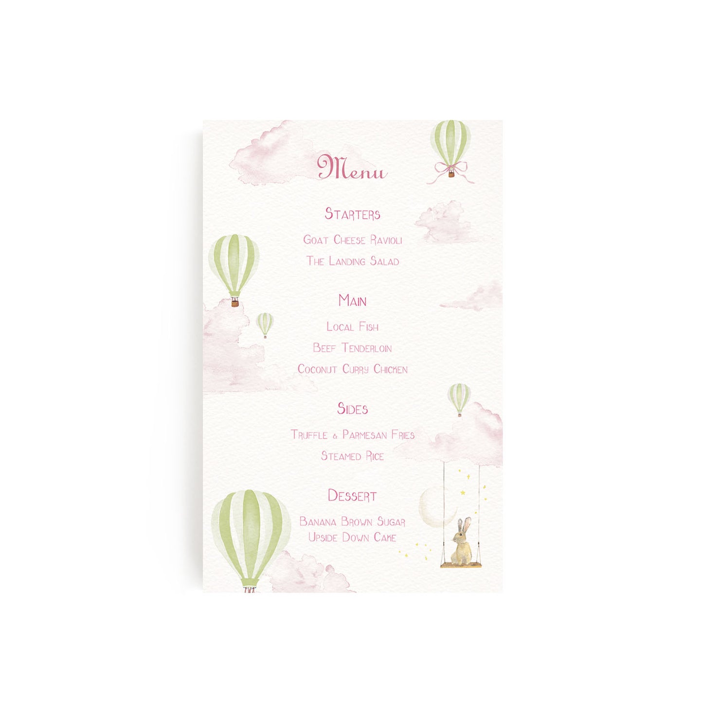 Image of our green balloon menu, featuring personalised text, pink clouds and hand-painted watercolour designs.