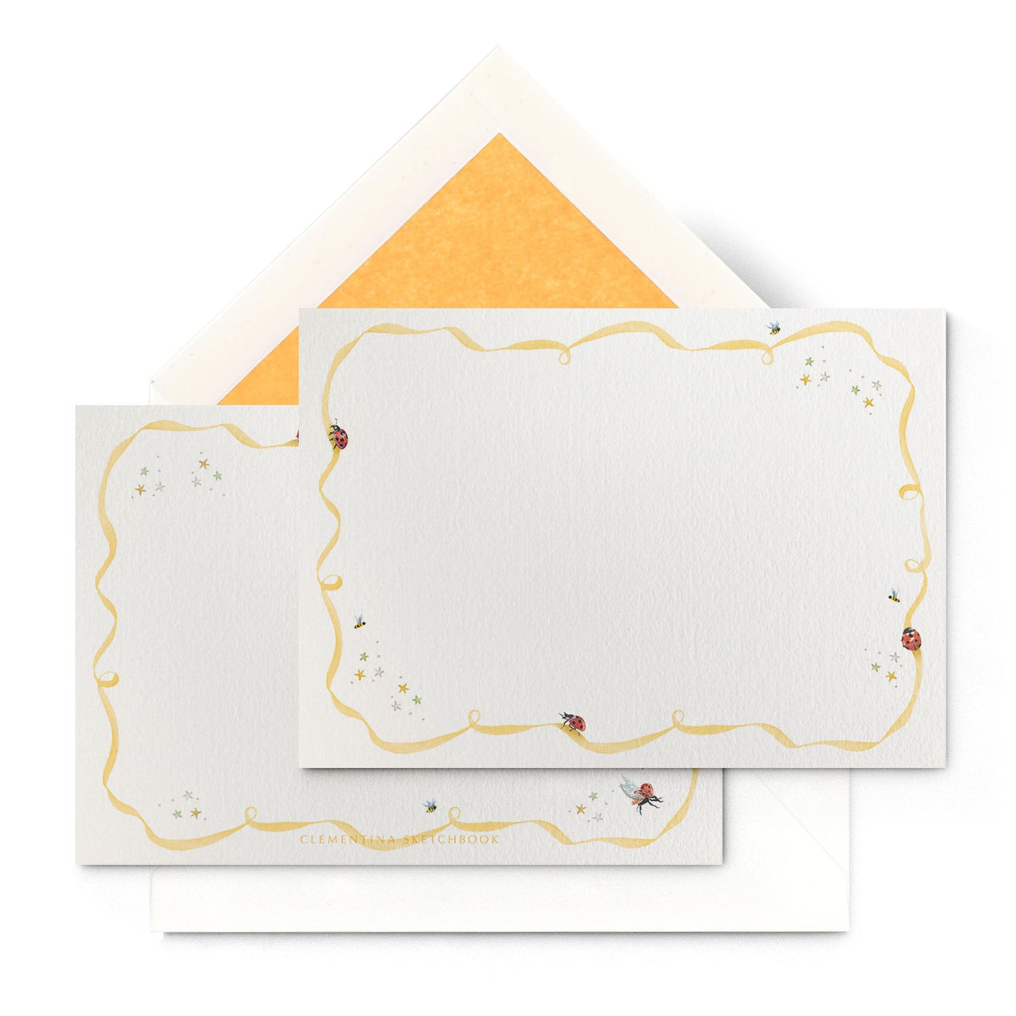 Image of the front and back of Clementina Sketchbook's ladybird stationery card, with a yellow border and yellow tissue envelope.