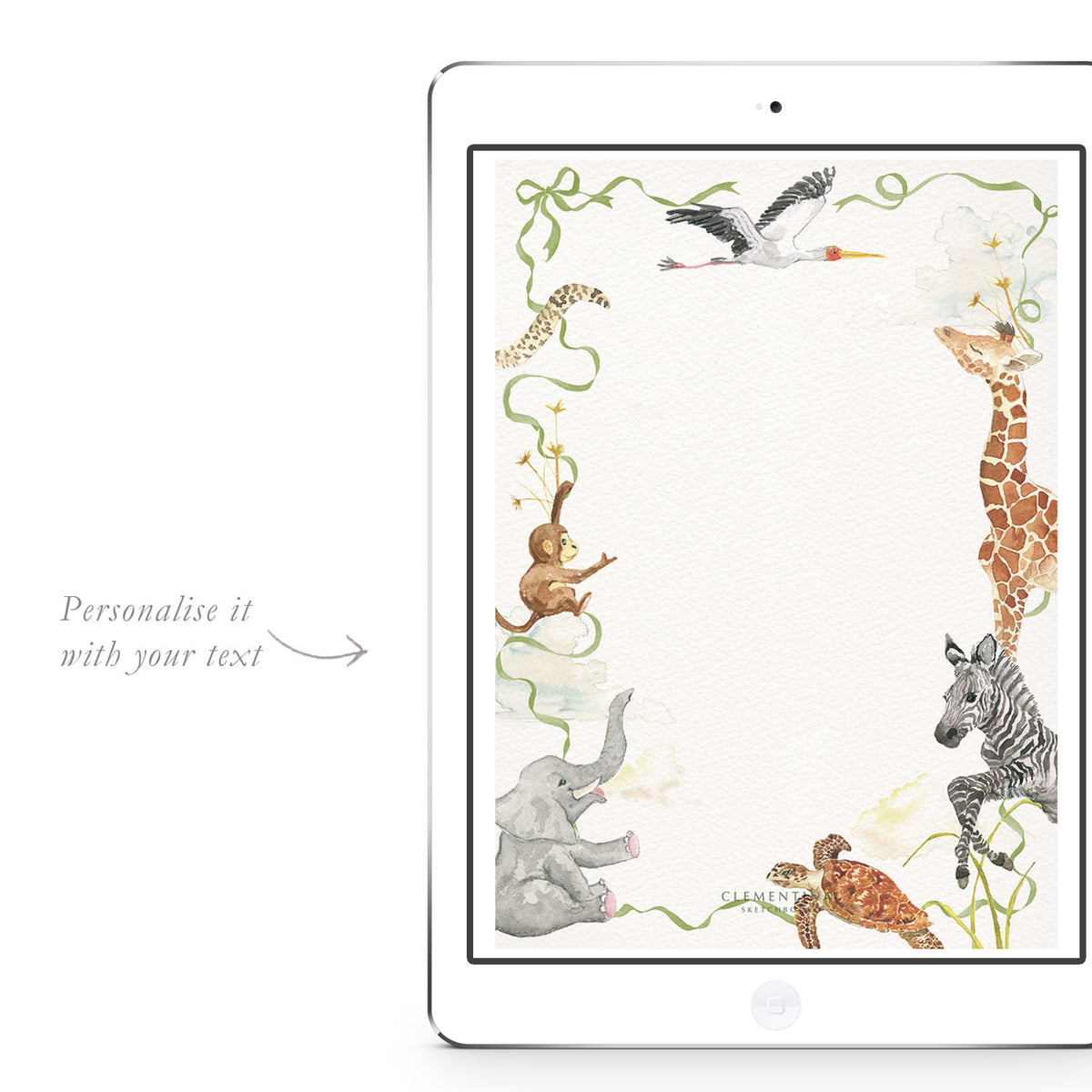 Blank Little African World digital invitation template from Clementina Sketchbook with hand-painted safari animals and green ribbon border, ready for personalised birthday or party text.