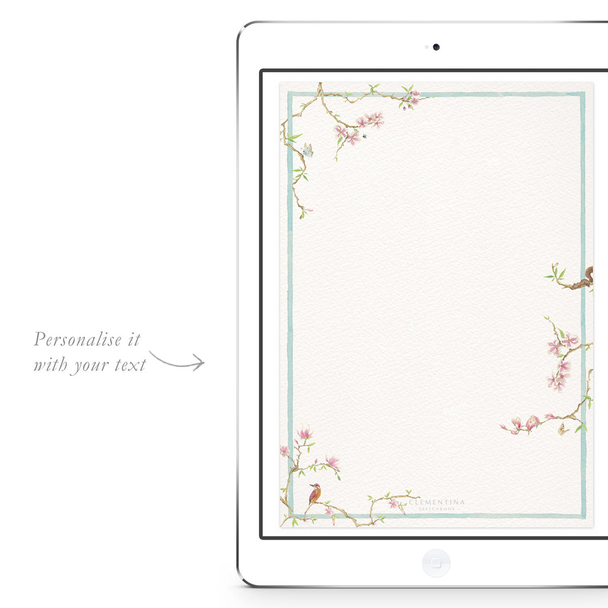 Blank Magnolia digital invitation template from Clementina Sketchbook with hand-painted magnolia floral border, ready for personalised botanical party text.