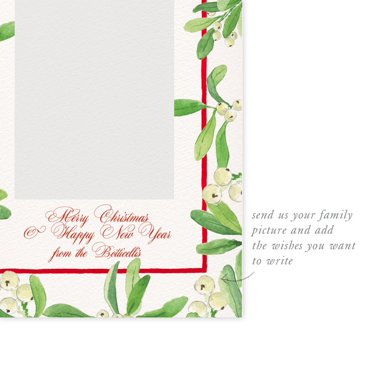 Blank Christmas Mistletoe digital family card template from Clementina Sketchbook with hand-painted mistletoe leaves and berries, ready for personalised text and photo.