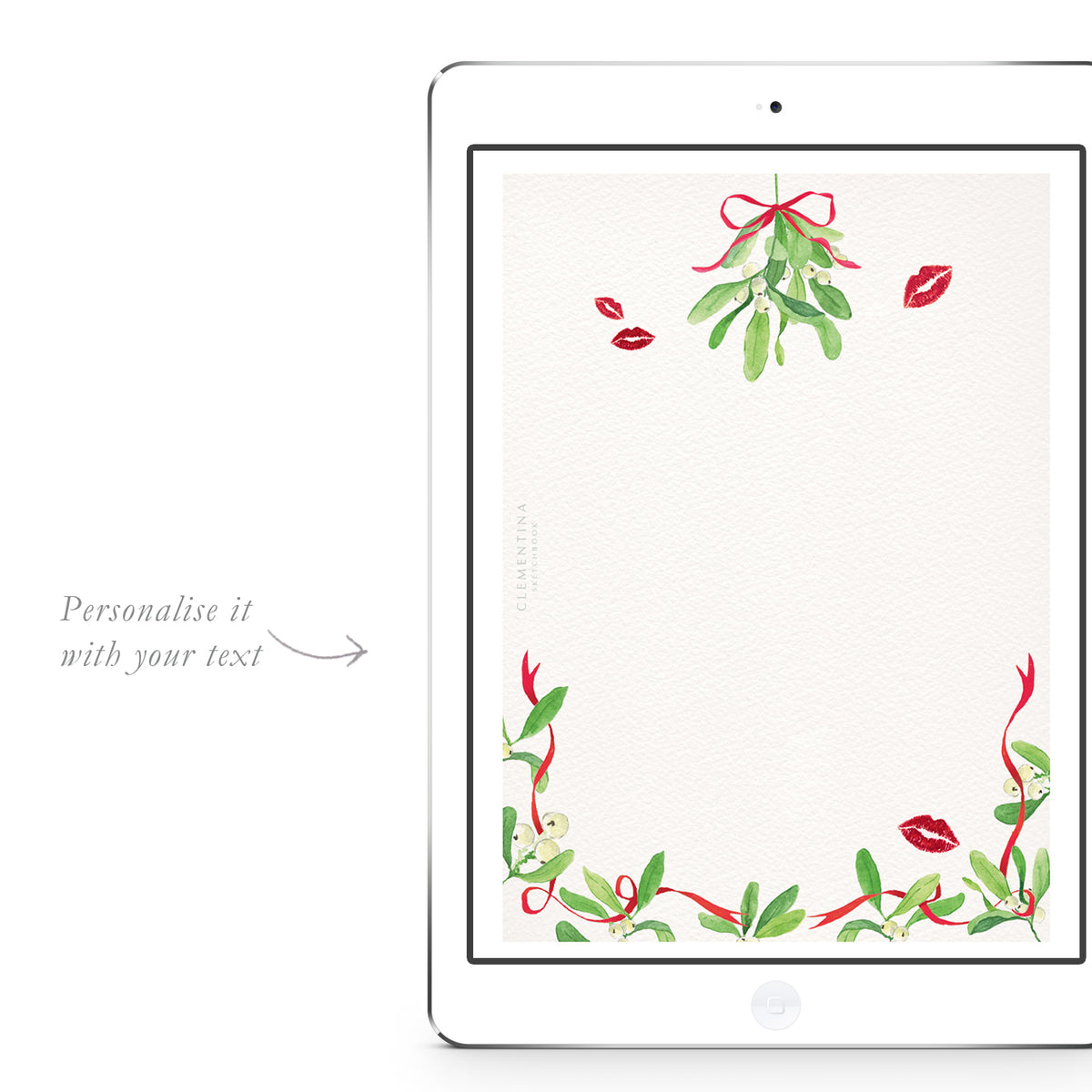 Blank Mistletoe Kiss printed invitation template from Clementina Sketchbook with hand-painted mistletoe and red ribbon border, ready for personalised holiday party text.