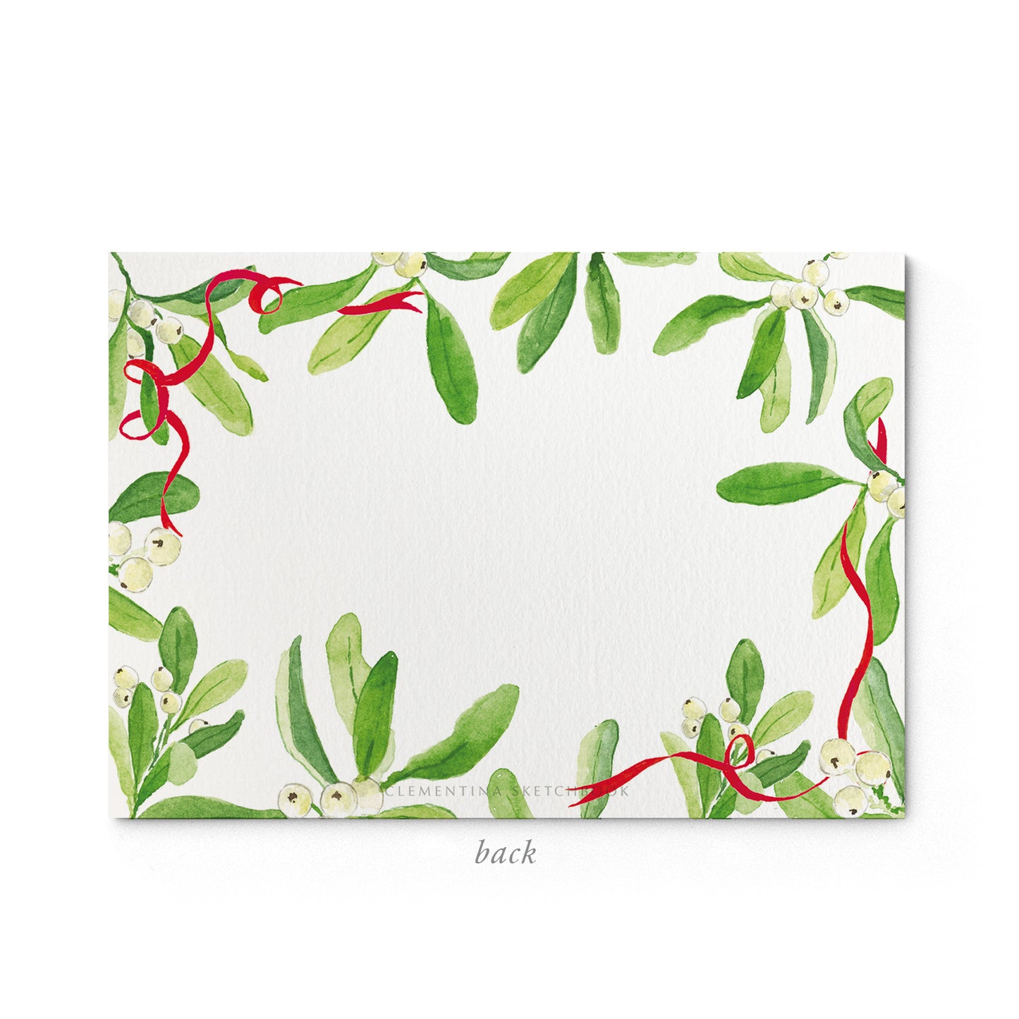 Image shows the back of a Clementina Sketchbook Christmas stationery card, with a mistletoe watercolour design.