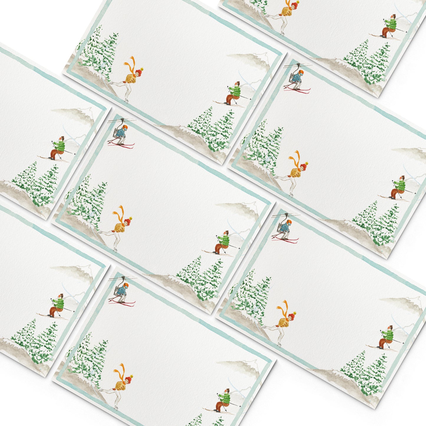 Image of numerous Clementina Sketchbook mountain activities mini personal stationery cards, organised into a pyramid shape.