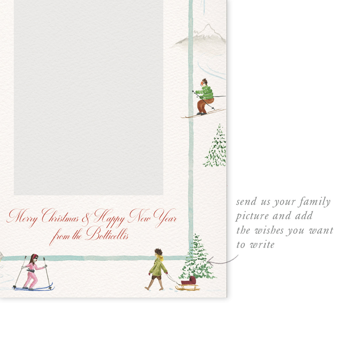 Blank Mountain Activities digital family card template from Clementina Sketchbook with playful watercolour skiers, snowboarders, and winter landscapes, ready for personalised photo and text.