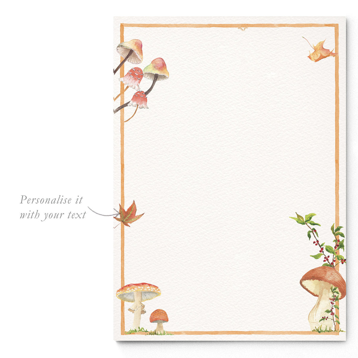 Blank Forest Mushrooms printed invitation template from Clementina Sketchbook with woodland-inspired hand-painted mushrooms and leaves, ready for personalised wedding or birthday party text.
