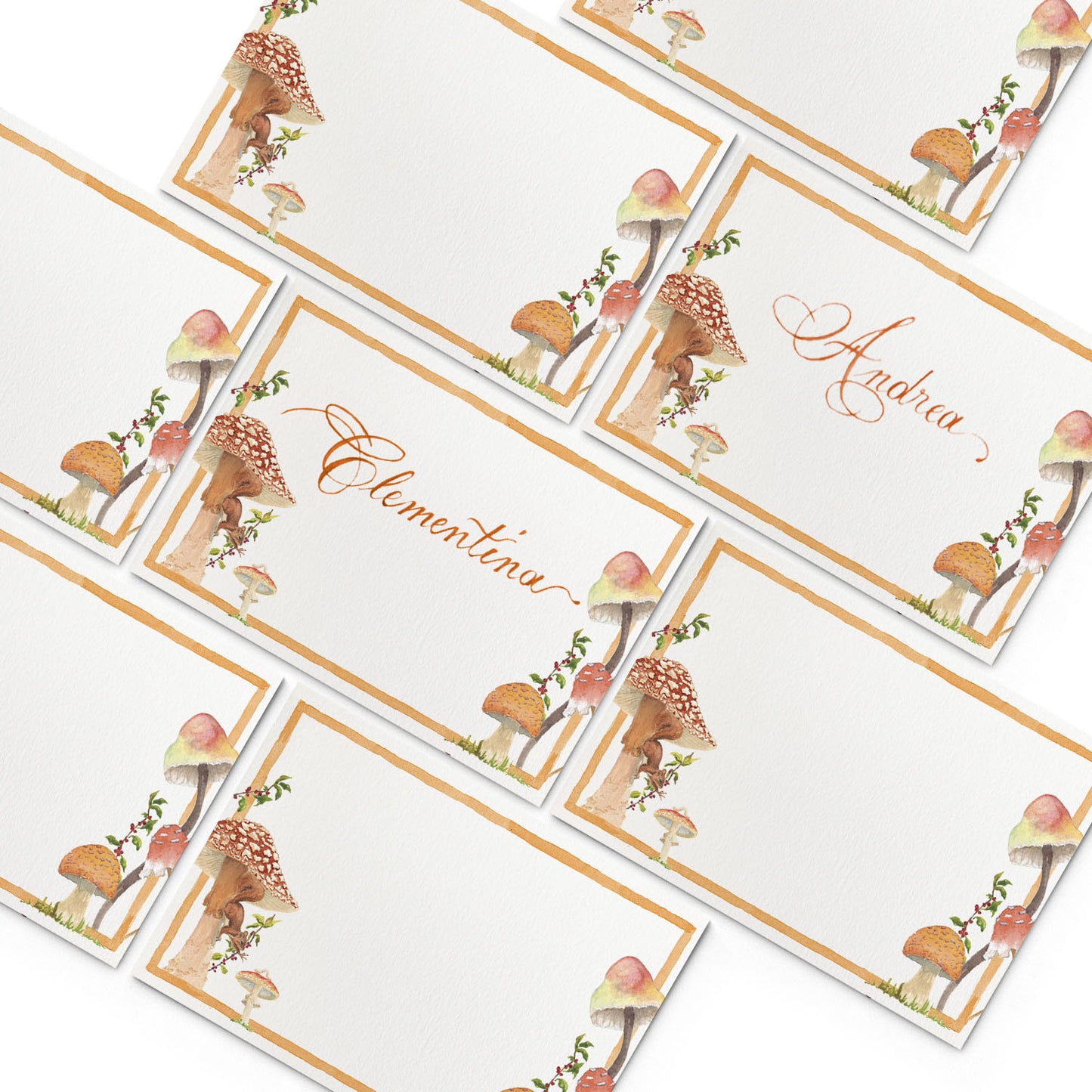 Image of multiple Clementina Sketchbook mushroom place cards, featuring hand-painted designs.