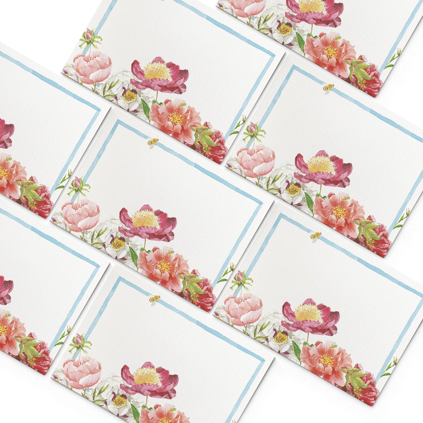 Image of numerous Clementina Sketchbook peonies mini personal stationery cards, organised into a pyramid shape.