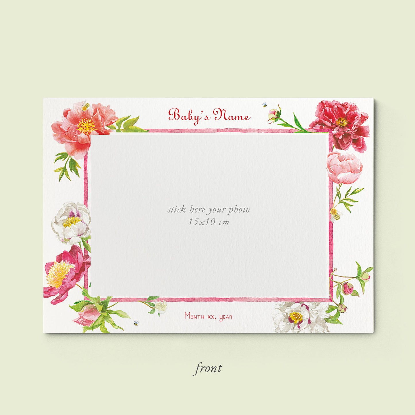 Peonies Printed Birth Announcements with Photo