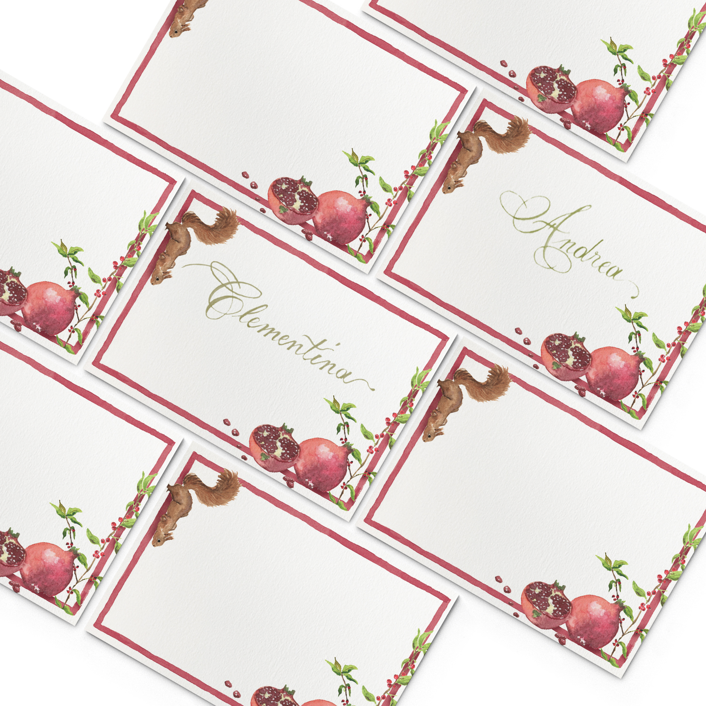 Image of multiple Clementina Sketchbook autumn place cards, featuring pomegranate and squirrel hand-painted designs.