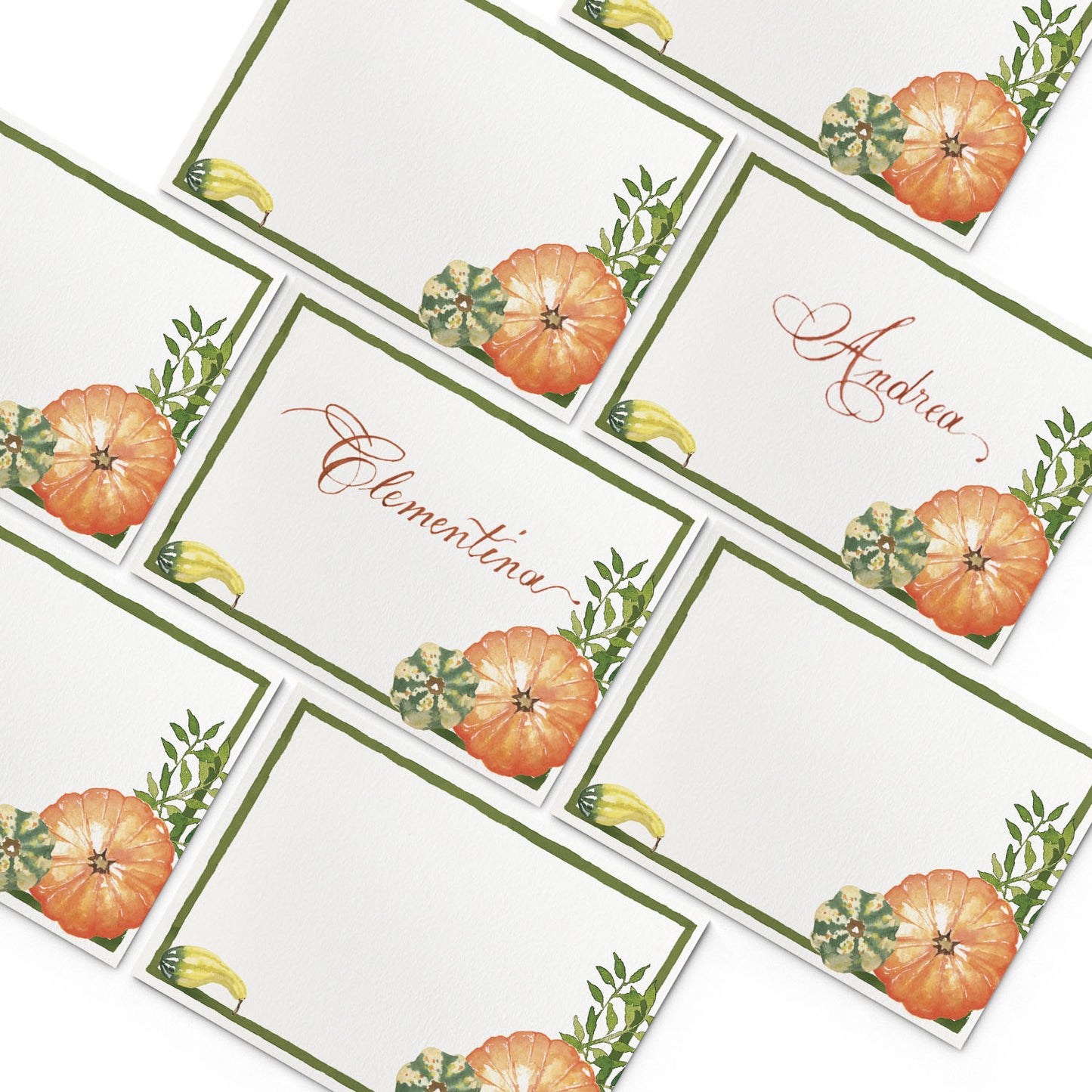 Image of multiple Clementina Sketchbook fall place cards, featuring pumpkin hand-painted designs.