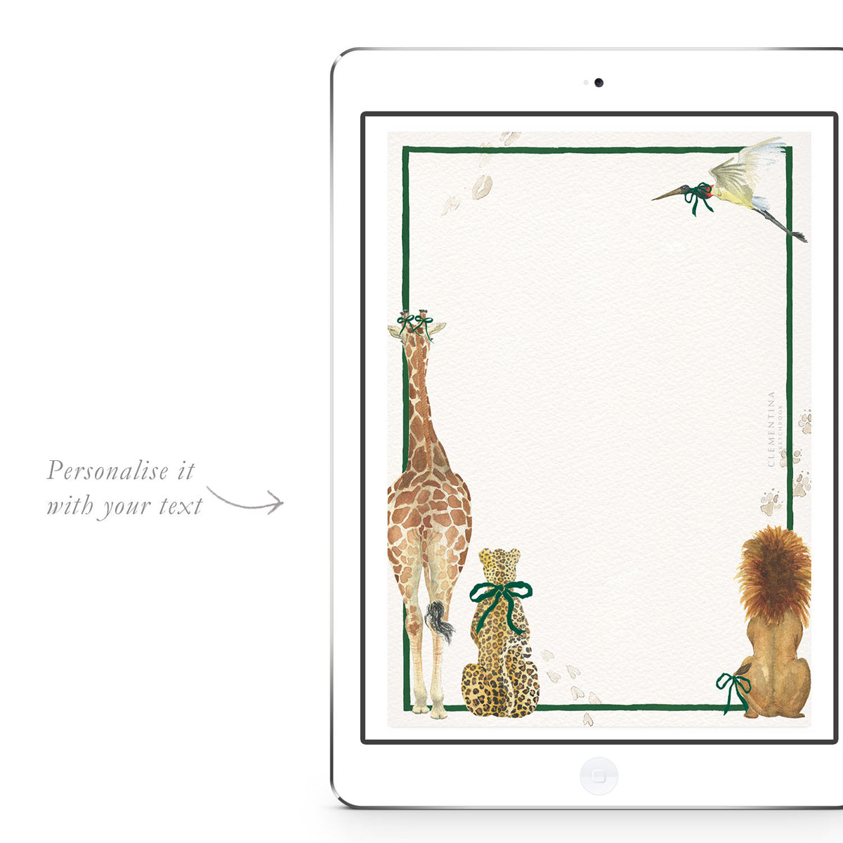 Blank Safari Bums digital invitation template from Clementina Sketchbook with hand-painted watercolour giraffe, leopard, lion, and bird, ready for personalised baby shower or birthday party text.