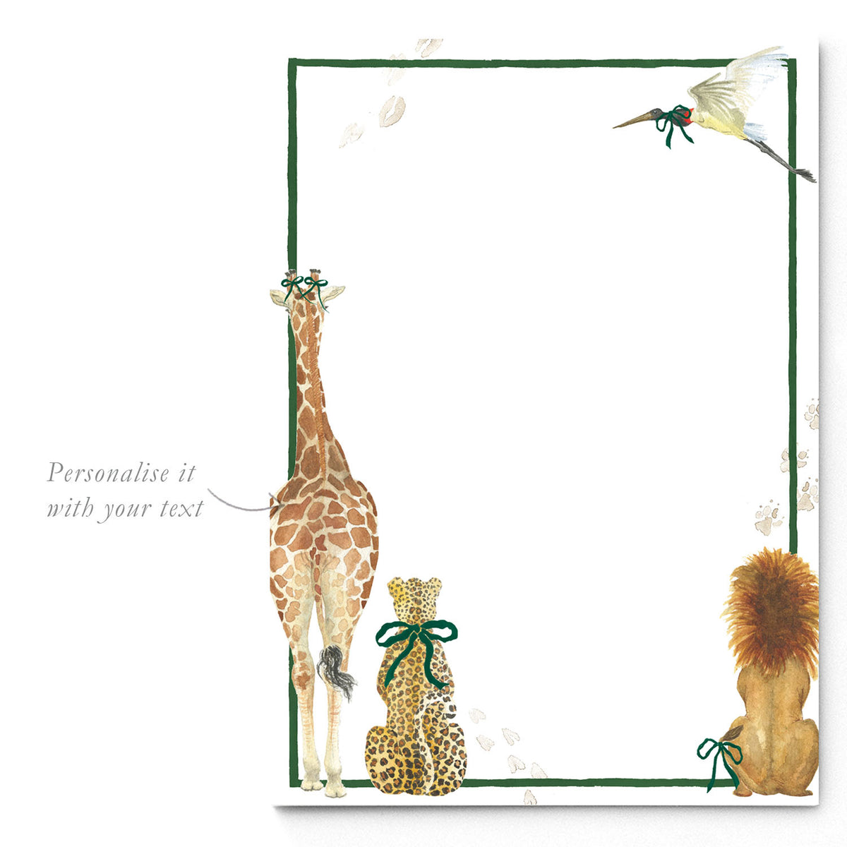 Image of our african bums invitation left blank a green border, green envelope and in hand-painted watercolour design of a giraffe, a chetah and a lion.