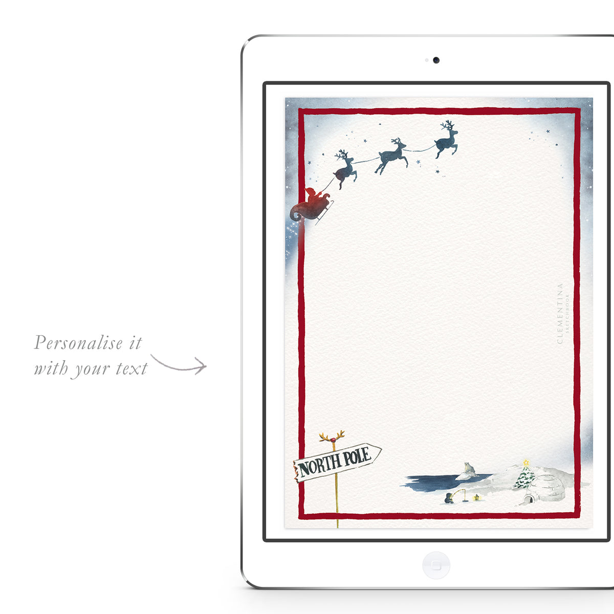 Blank Santa’s North Pole digital invitation template from Clementina Sketchbook with hand-painted watercolour Santa, reindeer, and North Pole details, ready for personalised holiday party text.