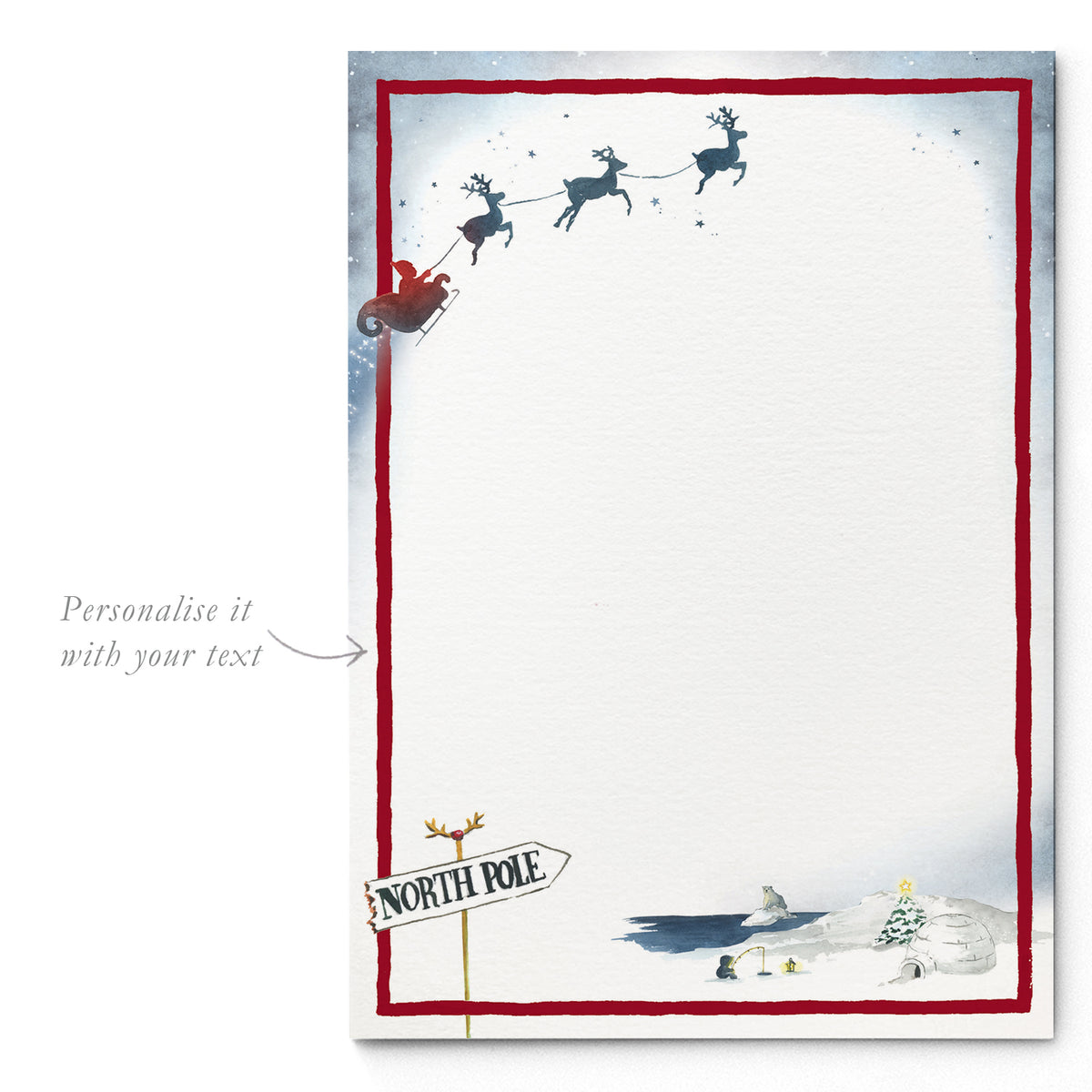 Blank Santa’s North Pole printed invitation template from Clementina Sketchbook with hand-painted watercolour Santa, reindeer, and North Pole details, ready for personalised holiday party text.