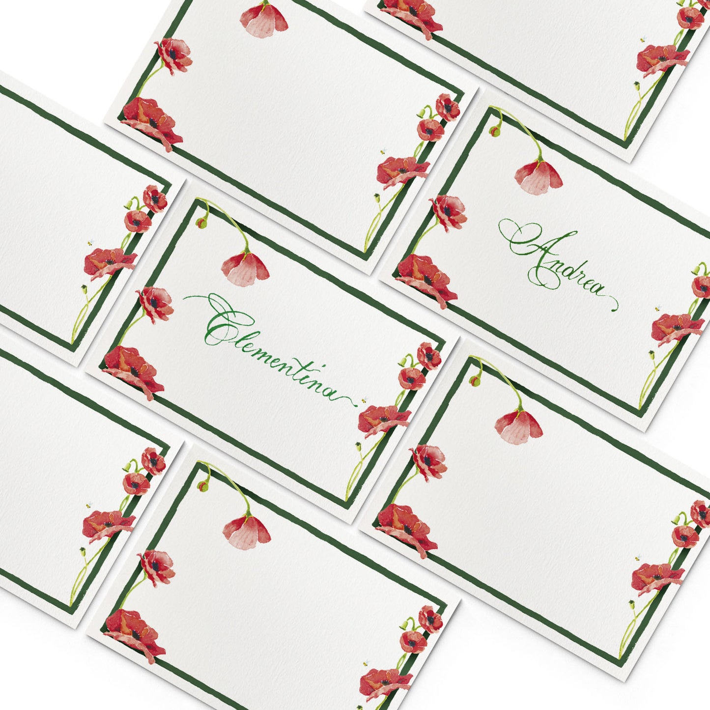 Image of multiple Clementina Sketchbook flower place cards, featuring hand-painted designs of poppies.