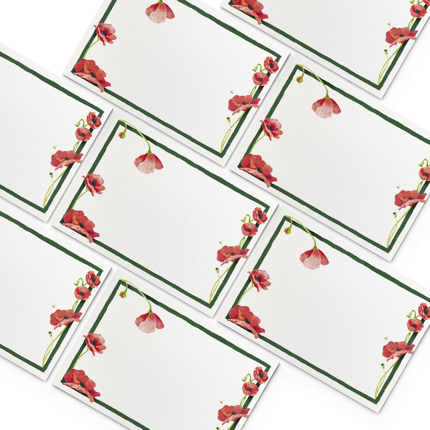 Image of numerous Clementina Sketchbook scarlet poppies mini personal stationery cards, organised into a pyramid shape.