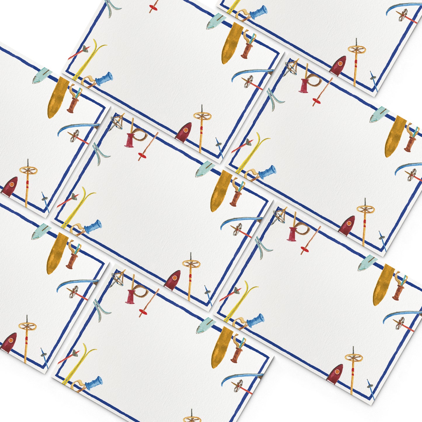 Image of numerous Clementina Sketchbook skis mini personal stationery cards, organised into a pyramid shape.