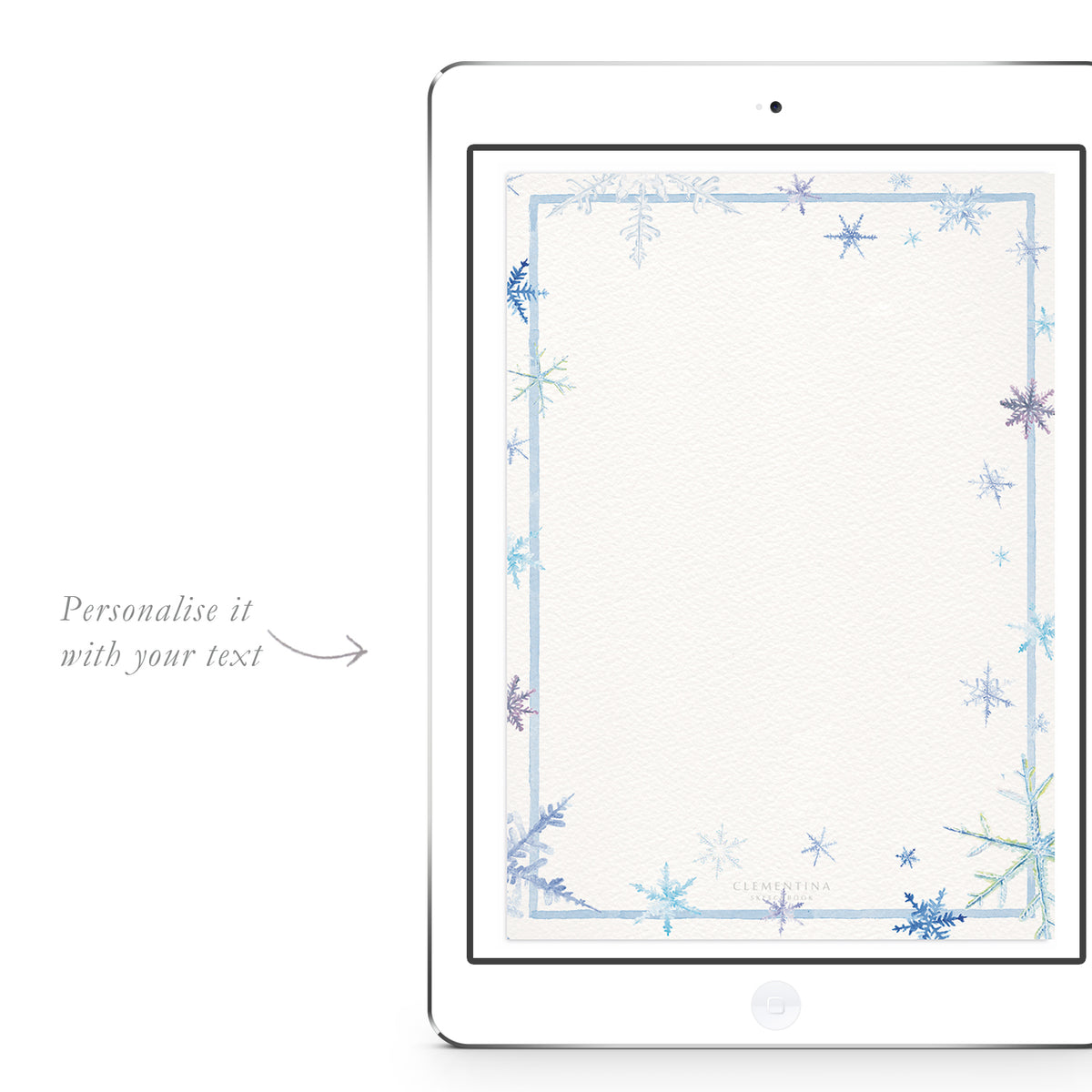 Blank Snowflakes digital invitation template from Clementina Sketchbook with delicate hand-painted snowflake border, ready for personalised holiday party text.