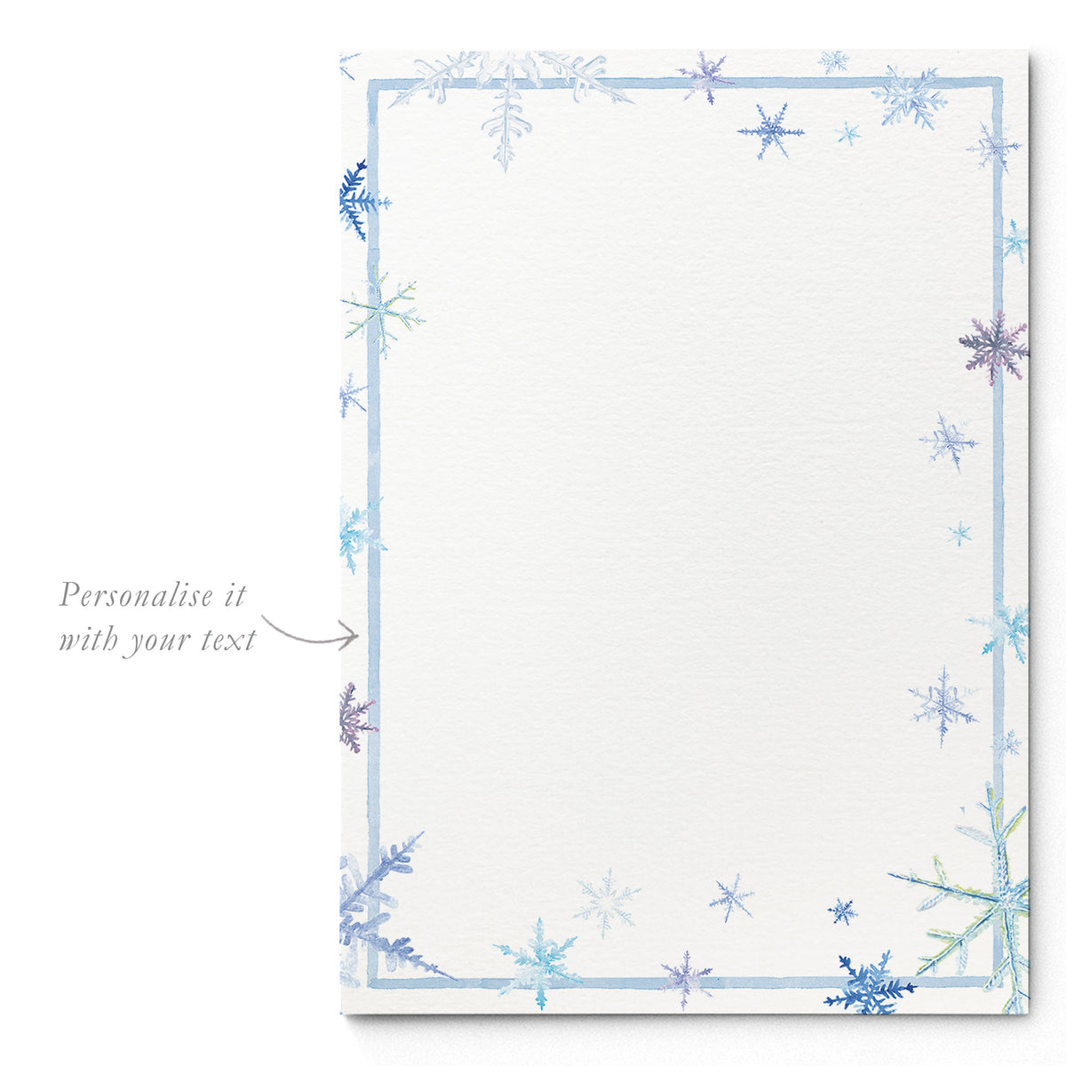Blank Snowflakes printed invitation template from Clementina Sketchbook with delicate hand-painted snowflake border, ready for personalised holiday party text.