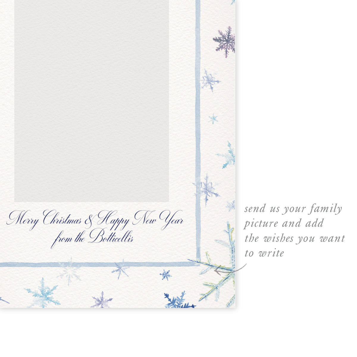 Blank Snowflakes digital family card template from Clementina Sketchbook with delicate hand-painted snowflake border, ready for personalised photo and festive text.