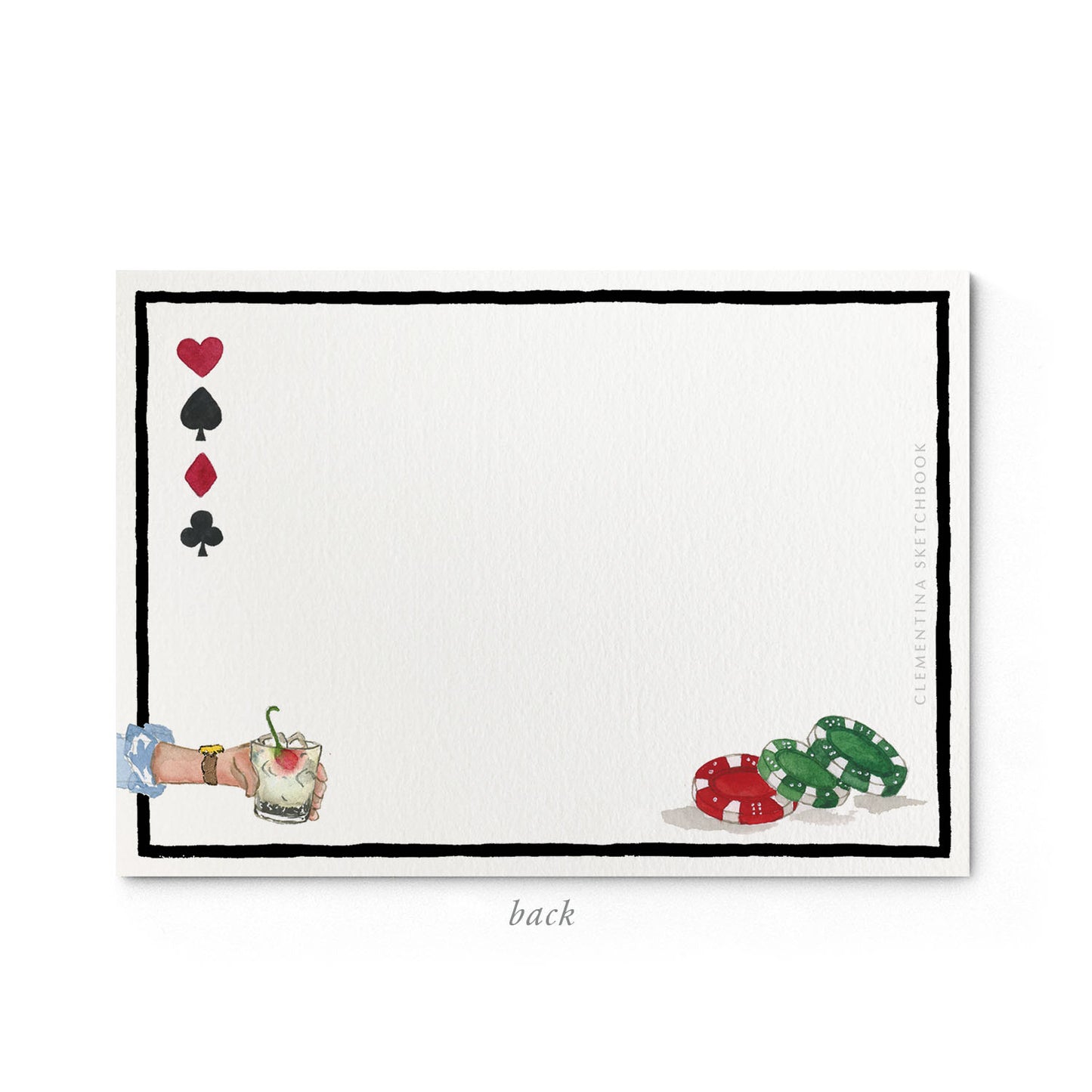 Image shows the back of a Clementina Sketchbook poker stationery card, with a playful watercolour design and a black border.