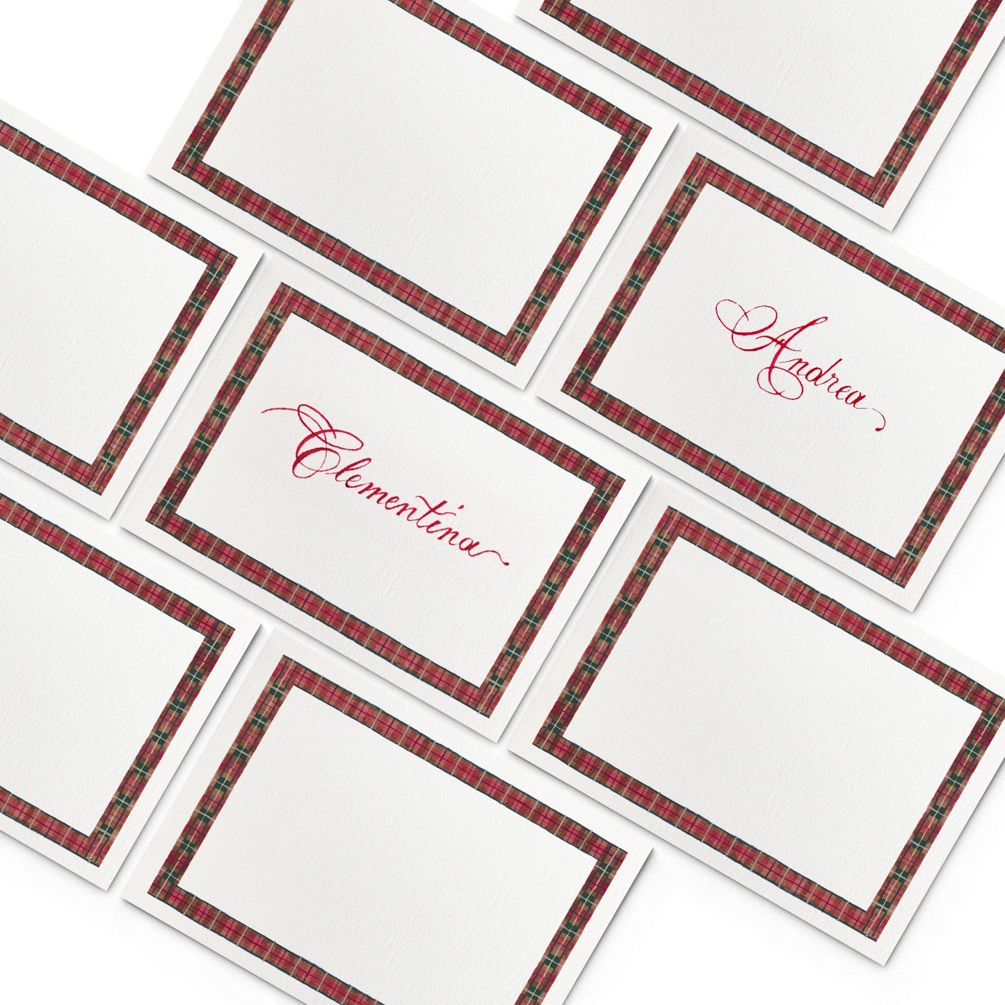 Image of multiple Clementina Sketchbook Christmas place cards, featuring tartan hand-painted designs.