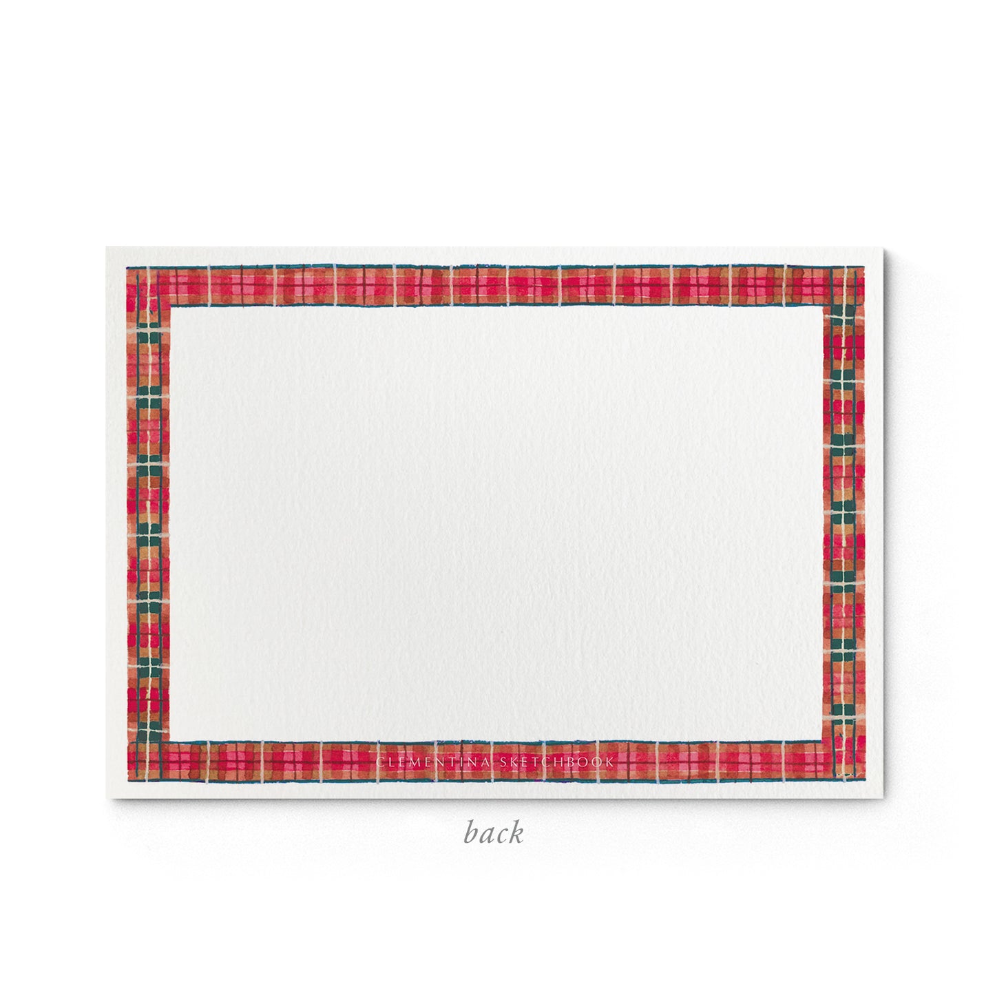 Image shows the back of a Clementina Sketchbook Christmas stationery card, with a tartan watercolour design and a tartan border.