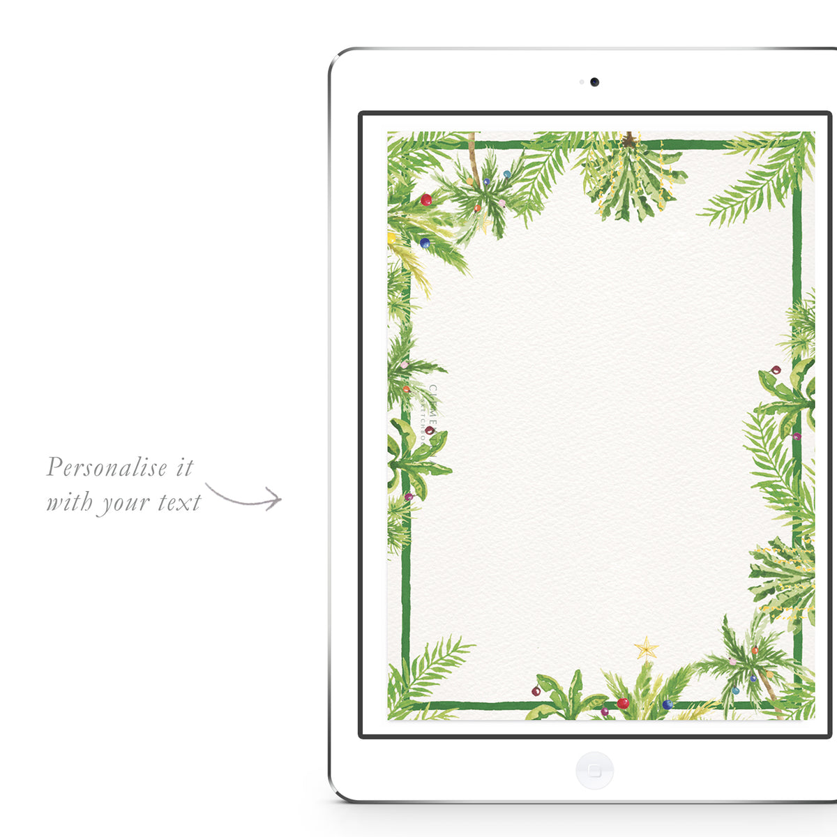 Blank Tropical Christmas digital invitation template from Clementina Sketchbook with hand-painted tropical Christmas greenery and baubles, ready for personalised holiday party text.