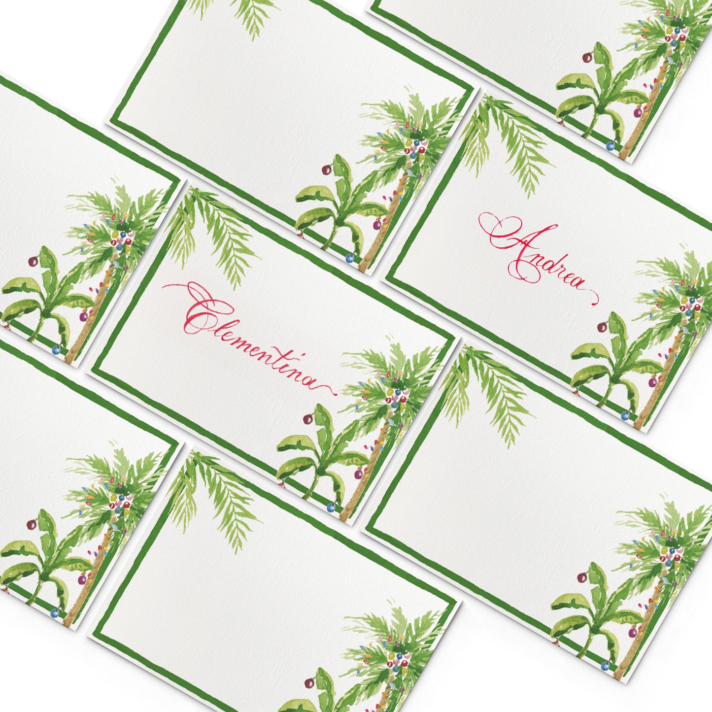 Image of multiple Clementina Sketchbook Christmas beach place cards, featuring palm tree hand-painted designs.