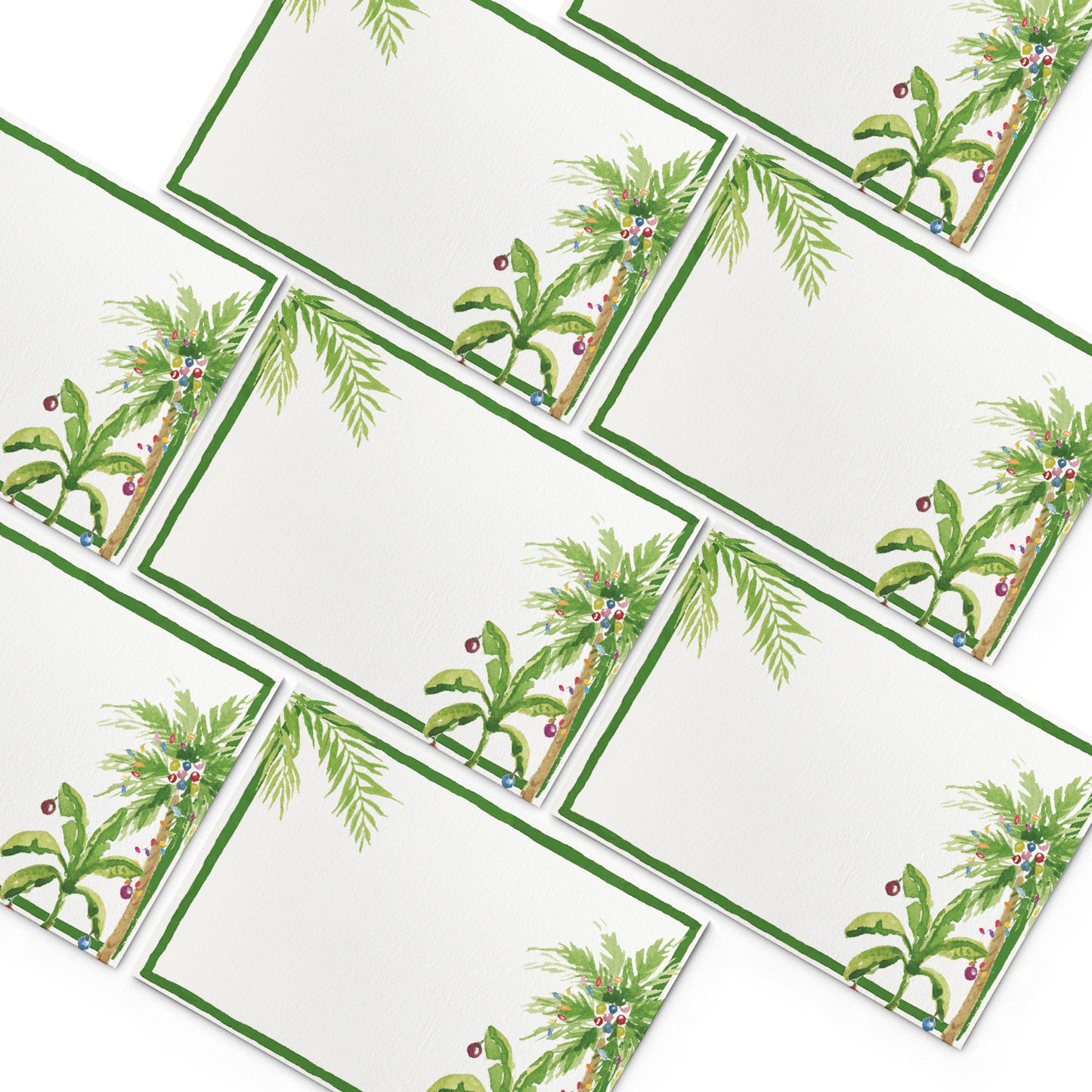 Image of numerous Clementina Sketchbook tropical Christmas mini personal stationery cards, organised into a pyramid shape.