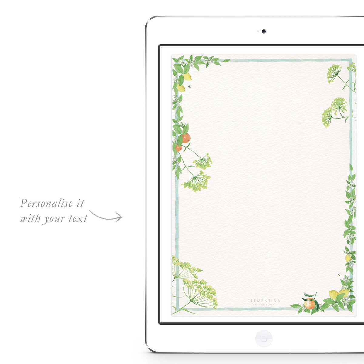 Blank Tuttifrutti digital invitation template from Clementina Sketchbook with botanical fruit and leaf illustrations in fresh green and orange tones, ready for personalised party details.