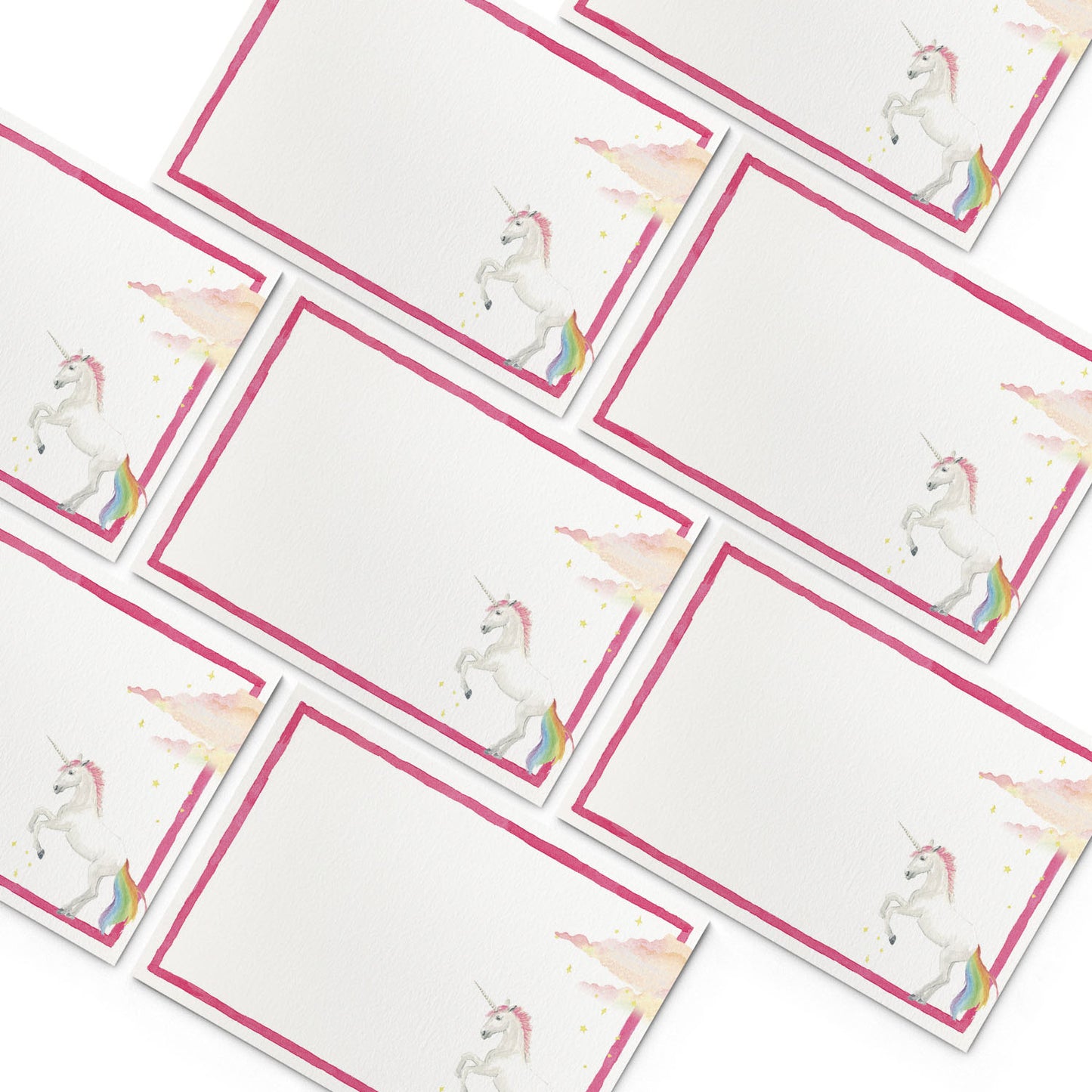 Image of numerous Clementina Sketchbook unicorn mini personal stationery cards, organised into a pyramid shape.