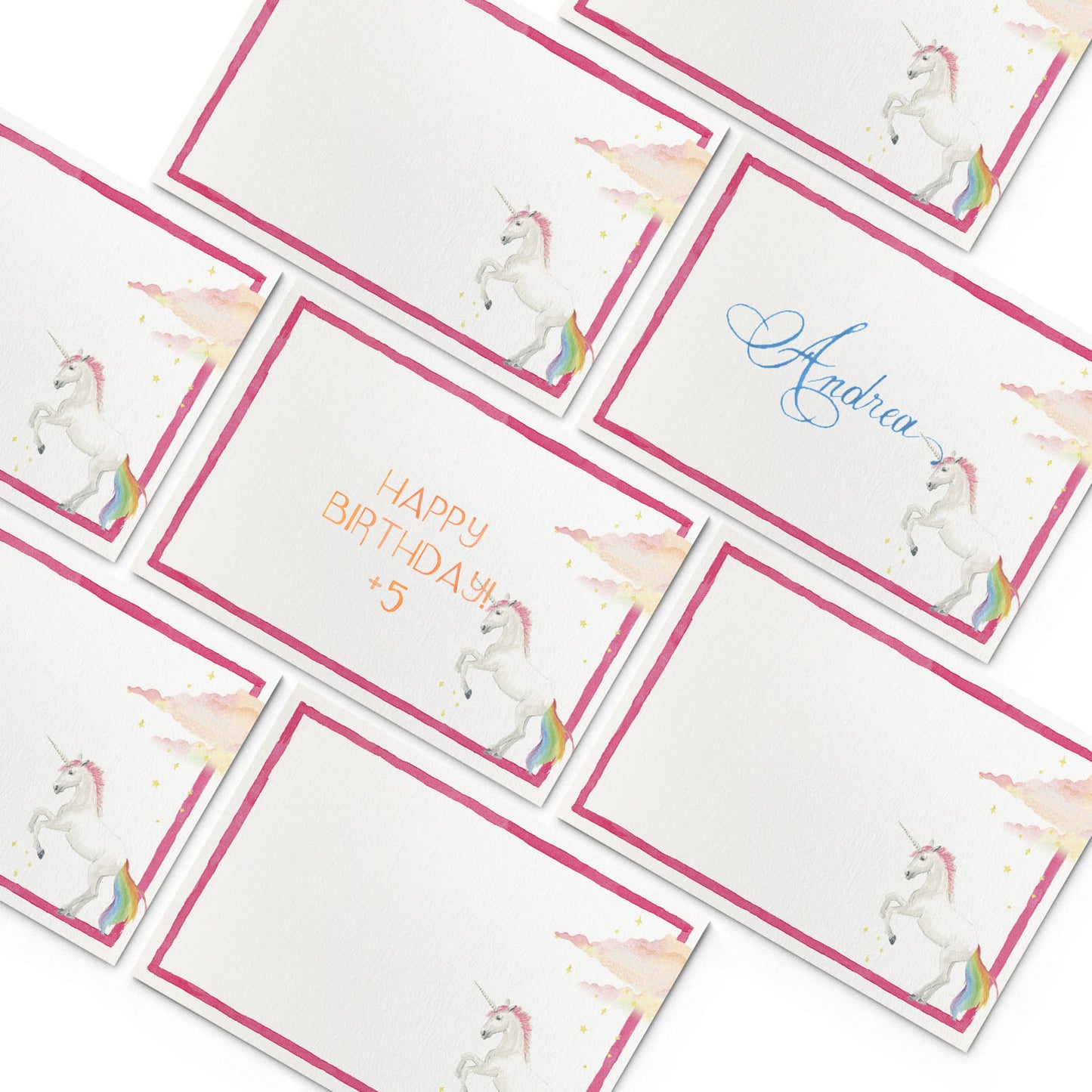 Image of multiple Clementina Sketchbook unicorn place cards, featuring pink borders and hand-painted designs of unicorns.