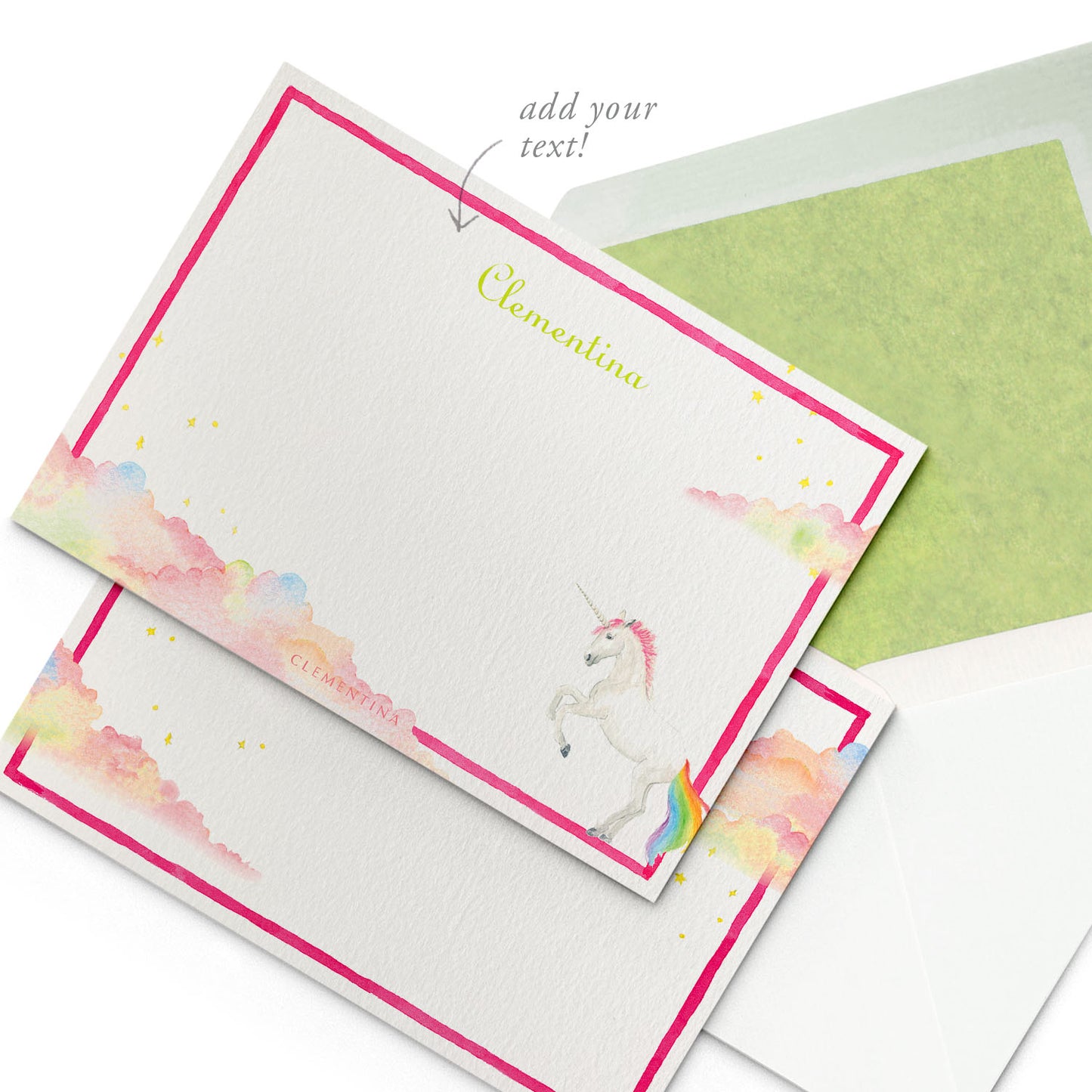 Clementina Sketchbook unicorn stationery card, with a dream-like watercolour design, a pink border, a light green tissue envelope and personalised text that reads ‘Clementina’.