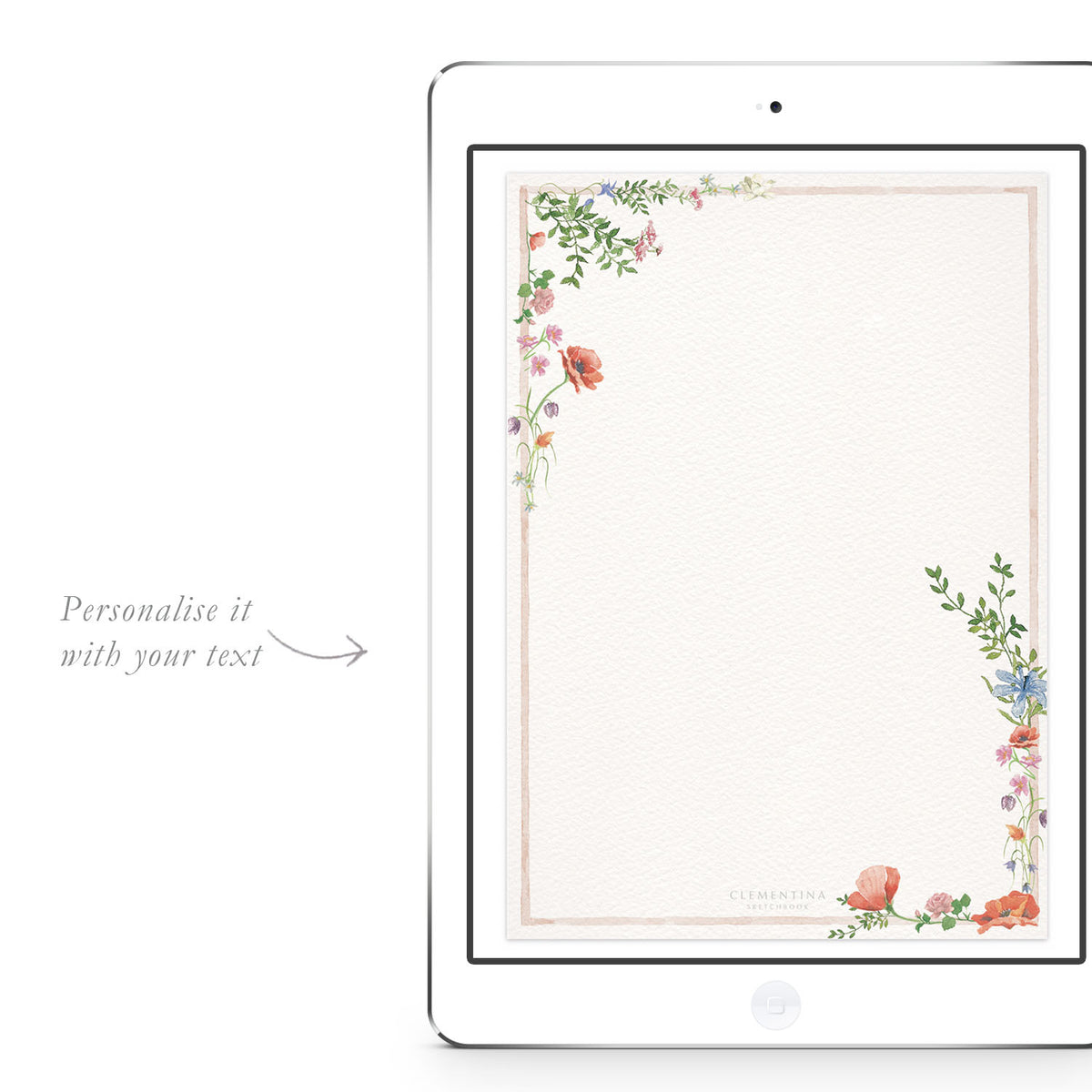 Blank Wild Blooms digital invitation template from Clementina Sketchbook with hand-painted botanical wildflowers, ready for personalised party text.