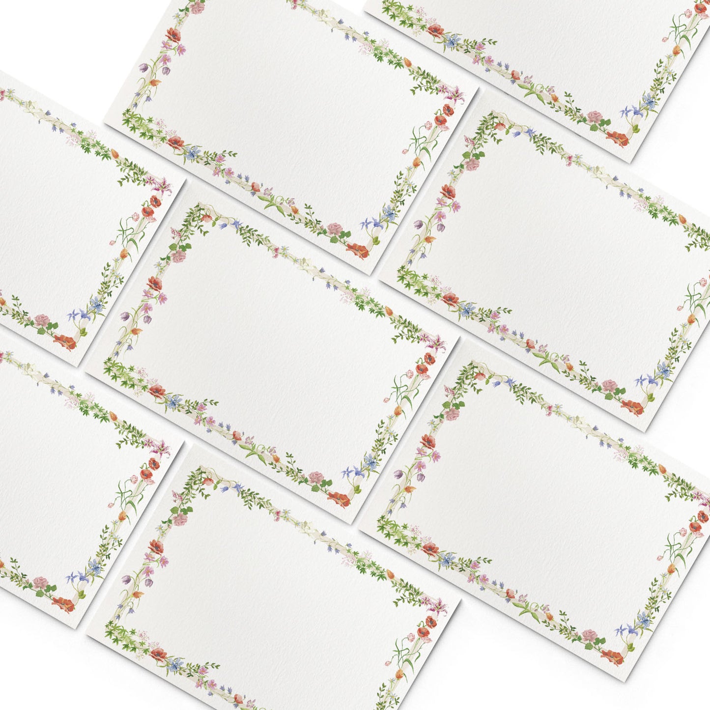 Image of numerous Clementina Sketchbook wild bloom mini personal stationery cards, organised into a pyramid shape.