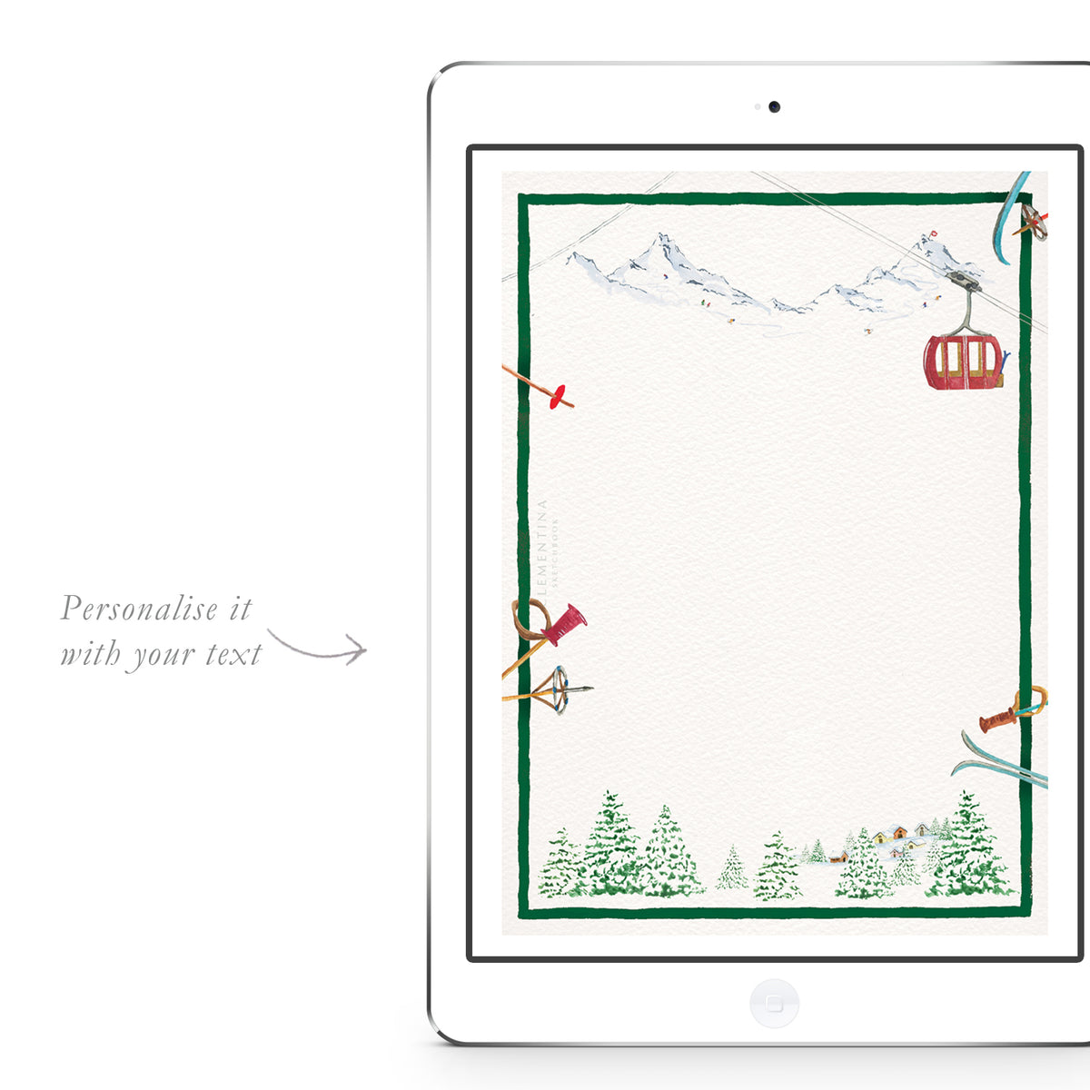 Blank Winter Mountains digital invitation template from Clementina Sketchbook with watercolour skis, cable car, and snowy Alpine landscape, ready for personalised winter party text.