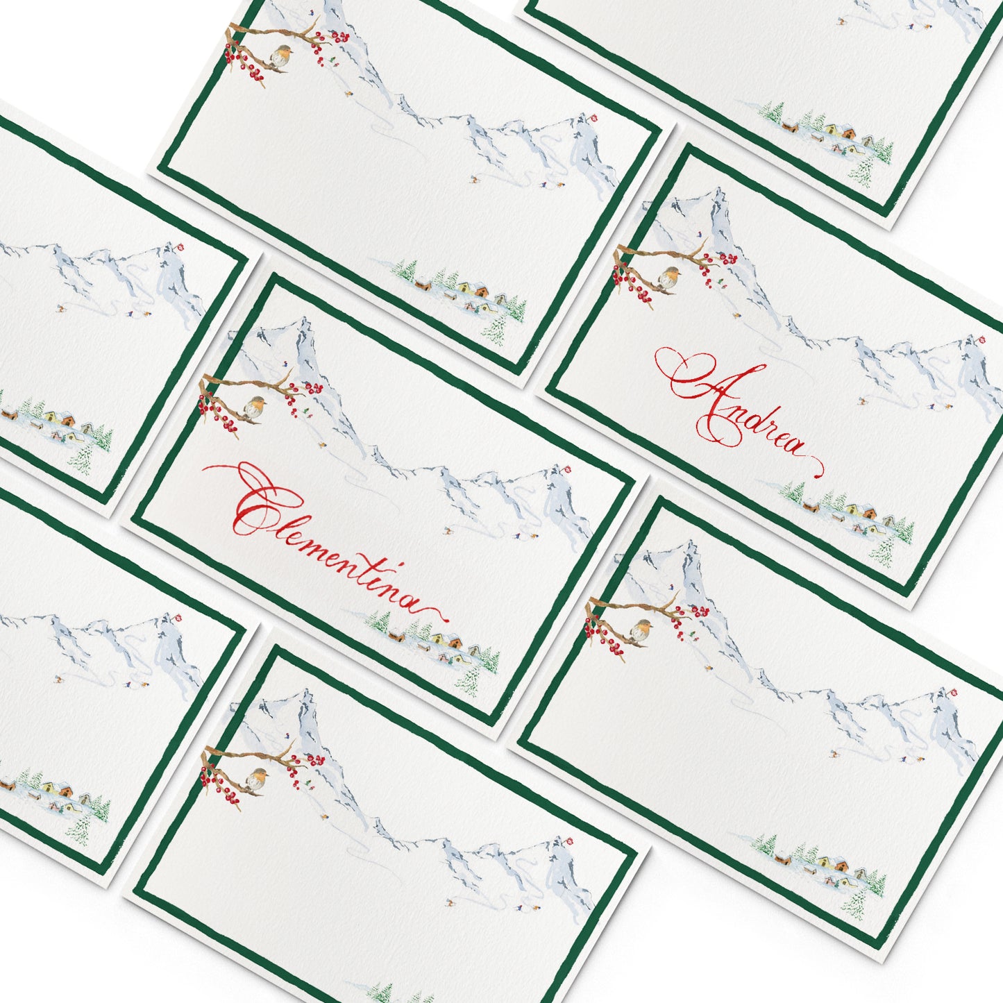 Image of multiple Clementina Sketchbook festive place cards, featuring hand-painted designs of mountains.
