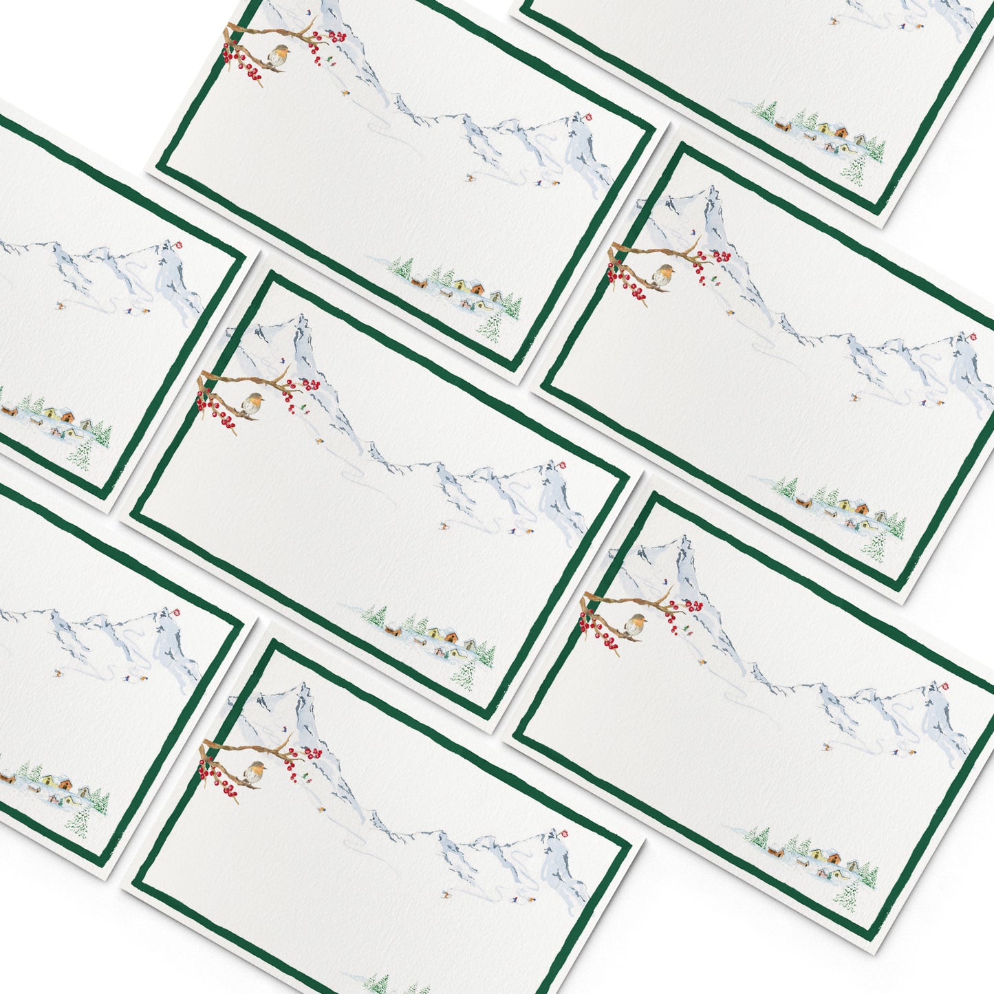 Image of numerous Clementina Sketchbook winter mountains mini personal stationery cards, organised into a pyramid shape.