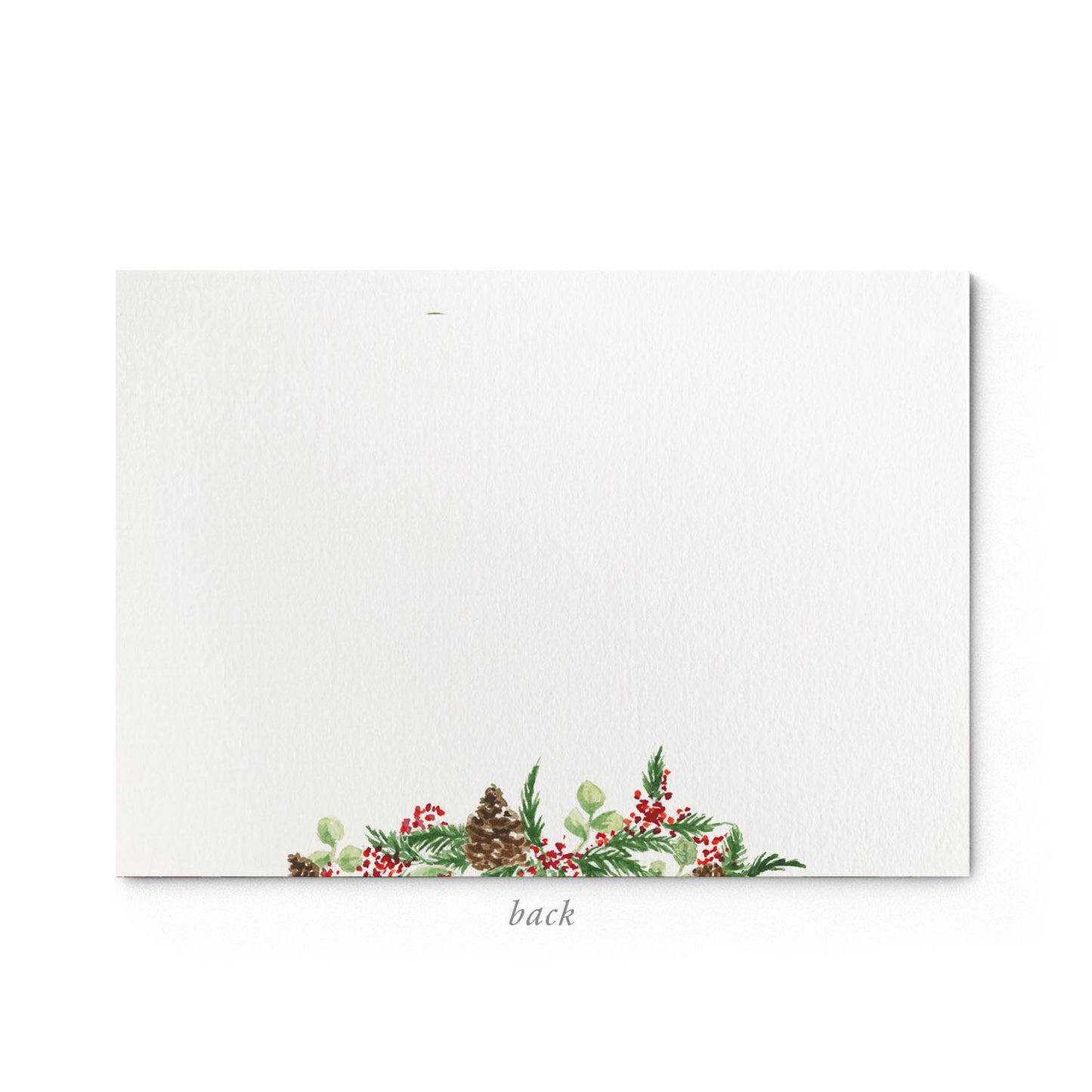 Image shows the back of a Clementina Sketchbook Christmas stationery card, with a wreath watercolour design.