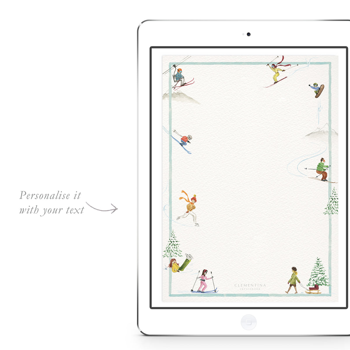 Blank Mountain Activities digital invitation template from Clementina Sketchbook with playful watercolour skiers, snowboarders, and winter landscapes, ready for personalised party text.