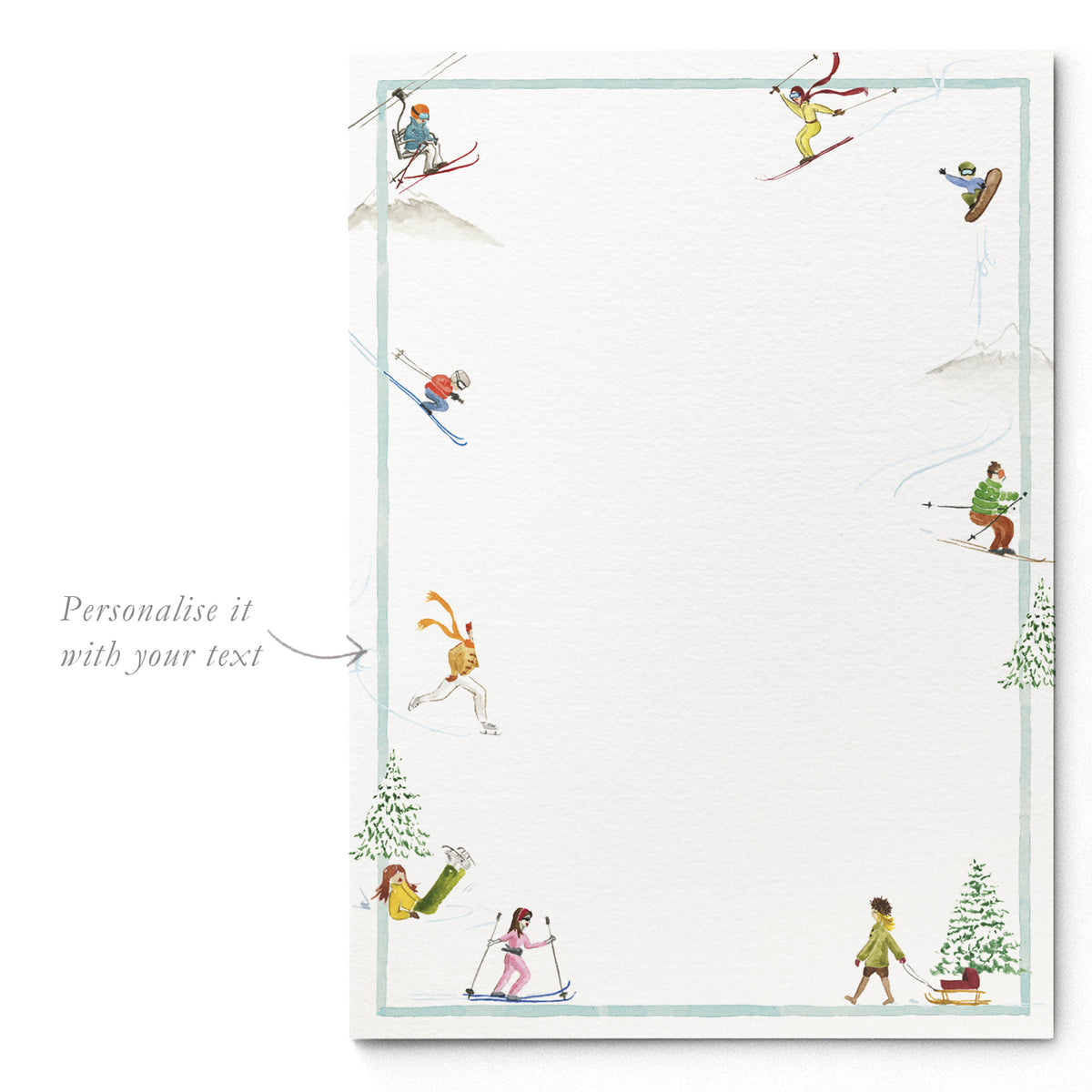 Blank Mountain Activities invitation template from Clementina Sketchbook with playful watercolour skiers, snowboarders, and winter landscapes, ready for personalised party text.