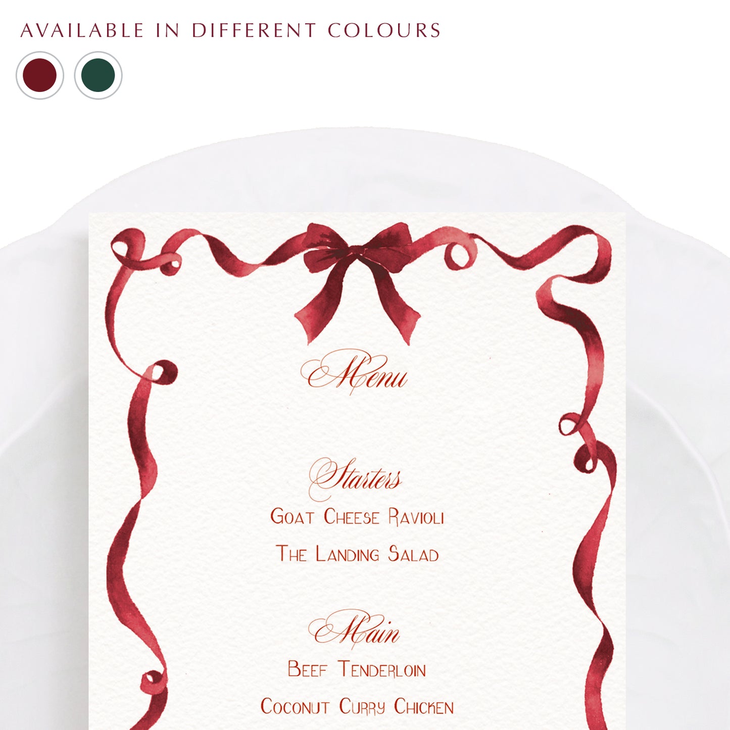  Close-up of our ribbon festive dinner menu, featuring personalised text and a curled red ribbon border - our hand-painted watercolour design.